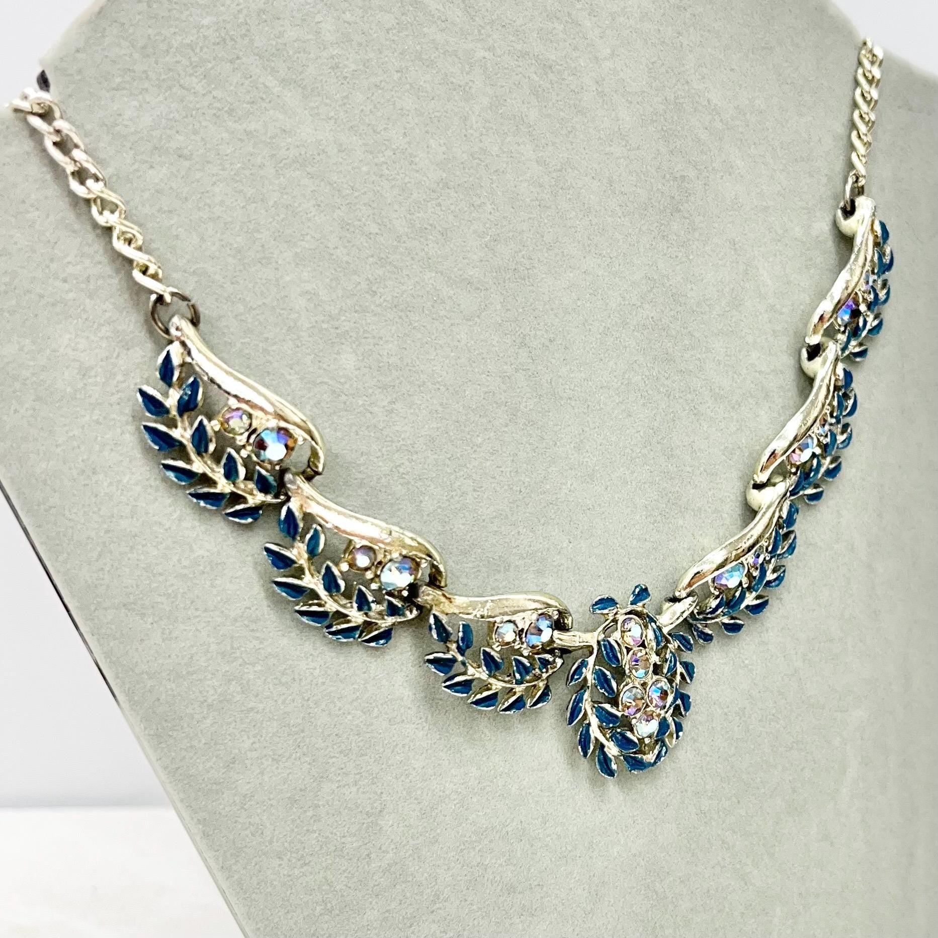 Vintage Exquisite Blue Floral & Leaf Diamante Crystal Necklace - Silver Tone Enamel, 1970s MillyOliverVintage