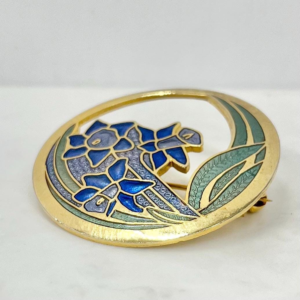 Vintage Gold Tone Cloisonne Enamel Floral Bluebell Brooch MillyOliverVintage