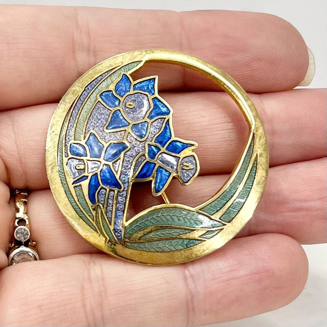 Vintage Gold Tone Cloisonne Enamel Floral Bluebell Brooch MillyOliverVintage