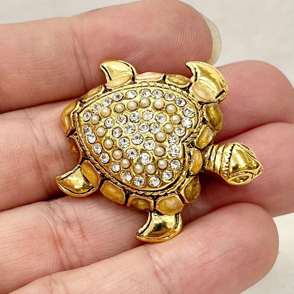 Vintage Gold Plated Turtle Brooch / Pendant with Faux Pearls & Diamante Crystals MillyOliverVintage