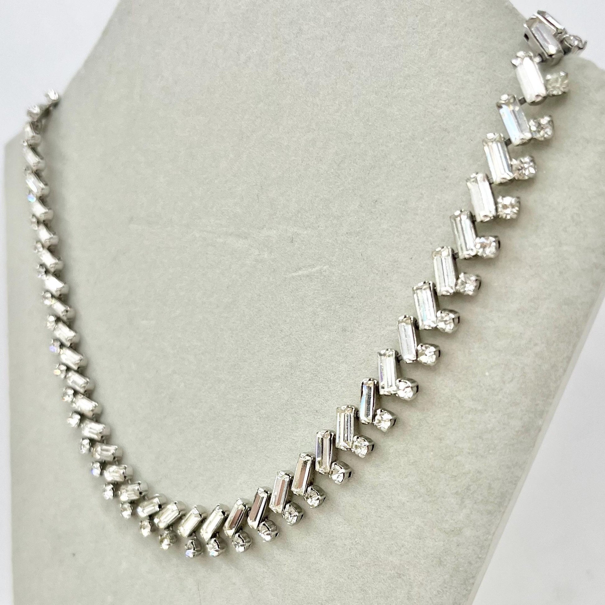 Vintage Silver Tone Diagonal Baguette Cut Crystal Paste Necklace 1960’s MillyOliverVintage