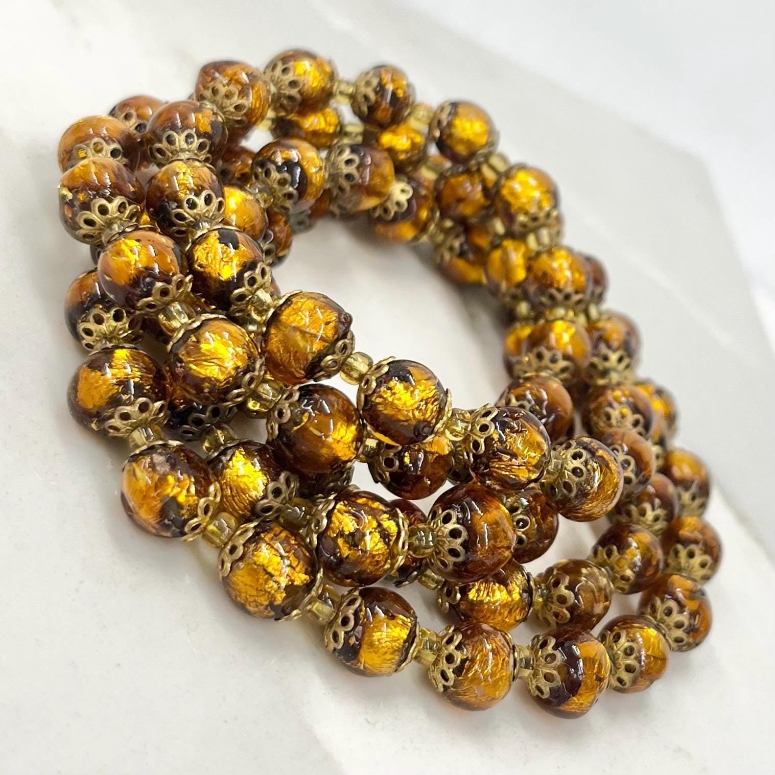 Vintage Gold Foil Lampwork Glass Bead Hand Necklace 36” Long with a Brass Barrel Clasp Stunning Handmade Lampwork Beads MillyOliverVintage