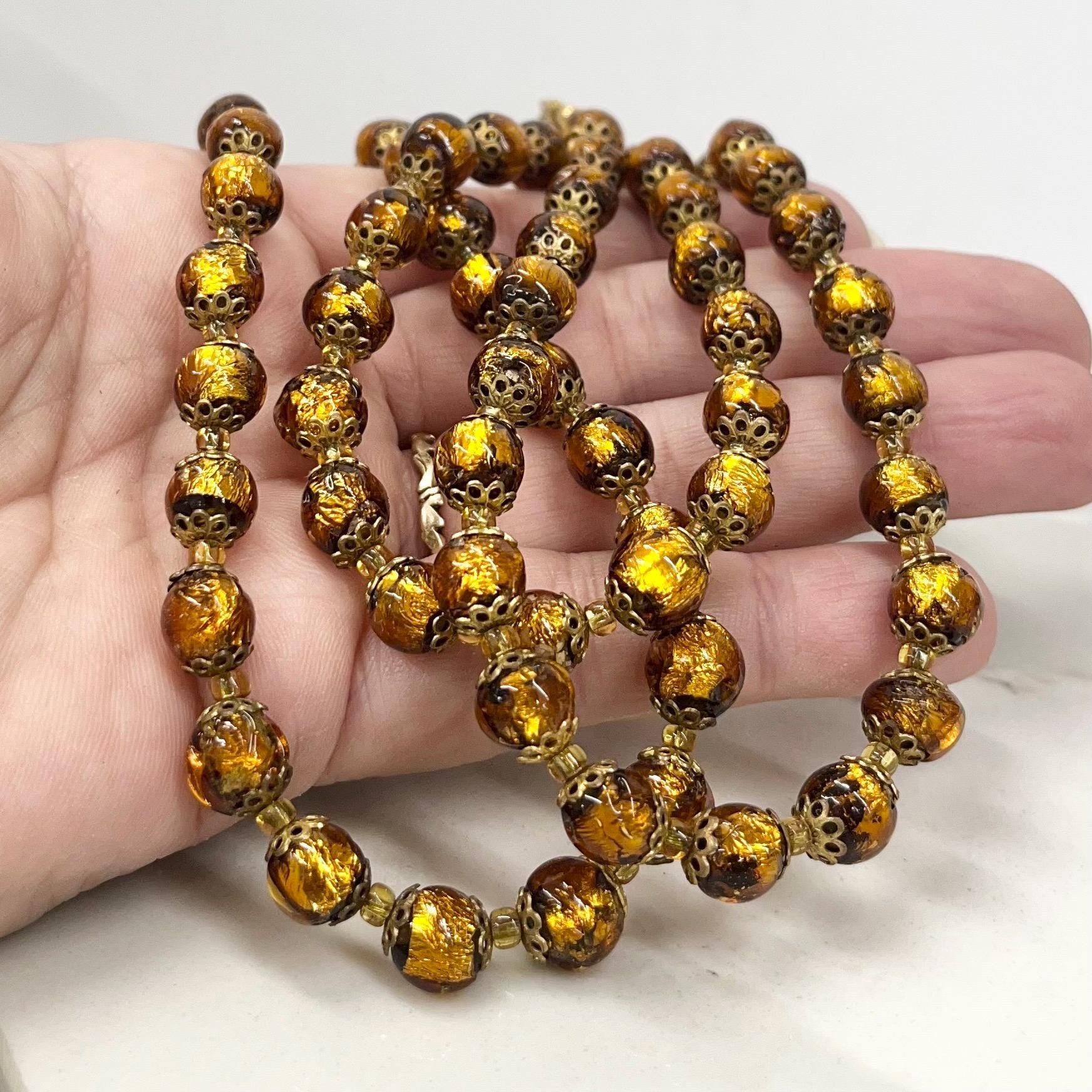 Vintage Gold Foil Lampwork Glass Bead Hand Necklace 36” Long with a Brass Barrel Clasp Stunning Handmade Lampwork Beads MillyOliverVintage