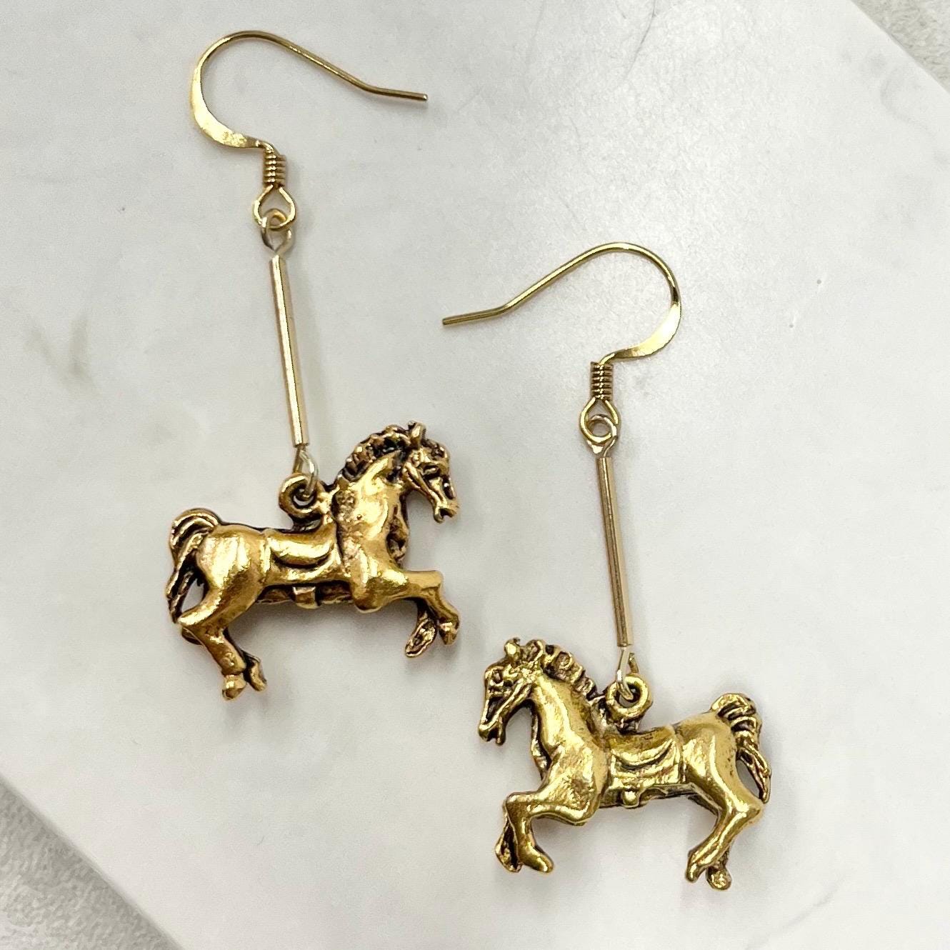 Gold Plate Merry Go Round Galloping Horse Drop Earrings Handmade MillyOliverVintage