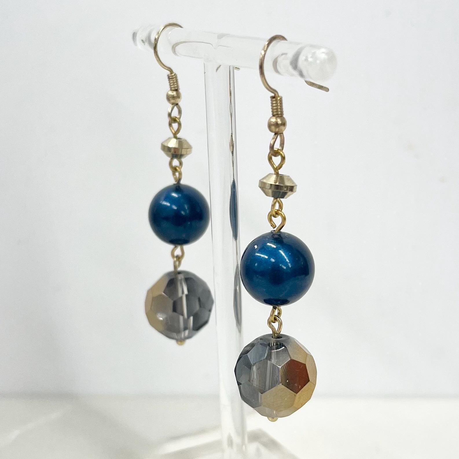 Faceted Crystal & Petrol Blue Pearl Bead Drop Earrings Gold Plate Handmade MillyOliverVintage