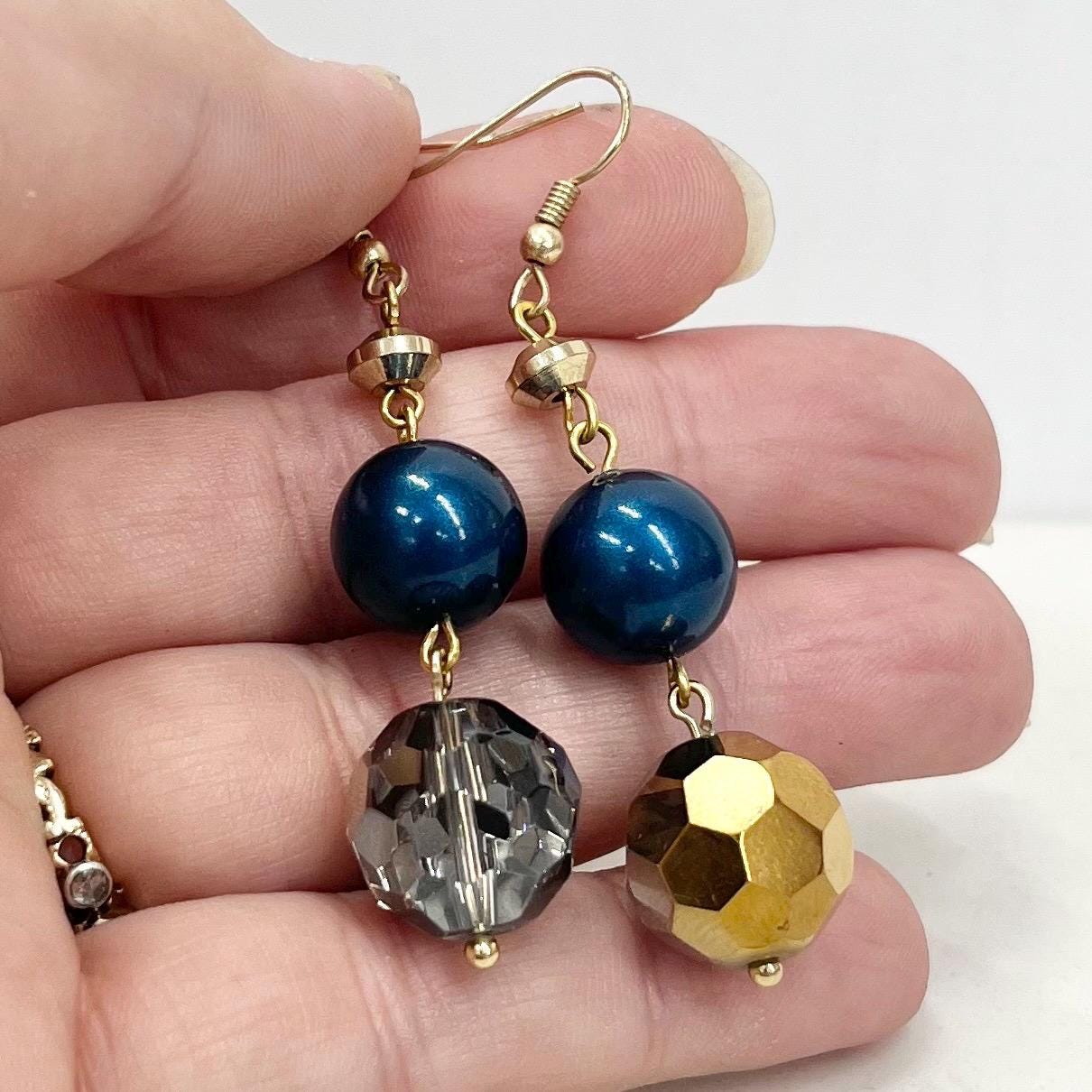 Faceted Crystal & Petrol Blue Pearl Bead Drop Earrings Gold Plate Handmade MillyOliverVintage