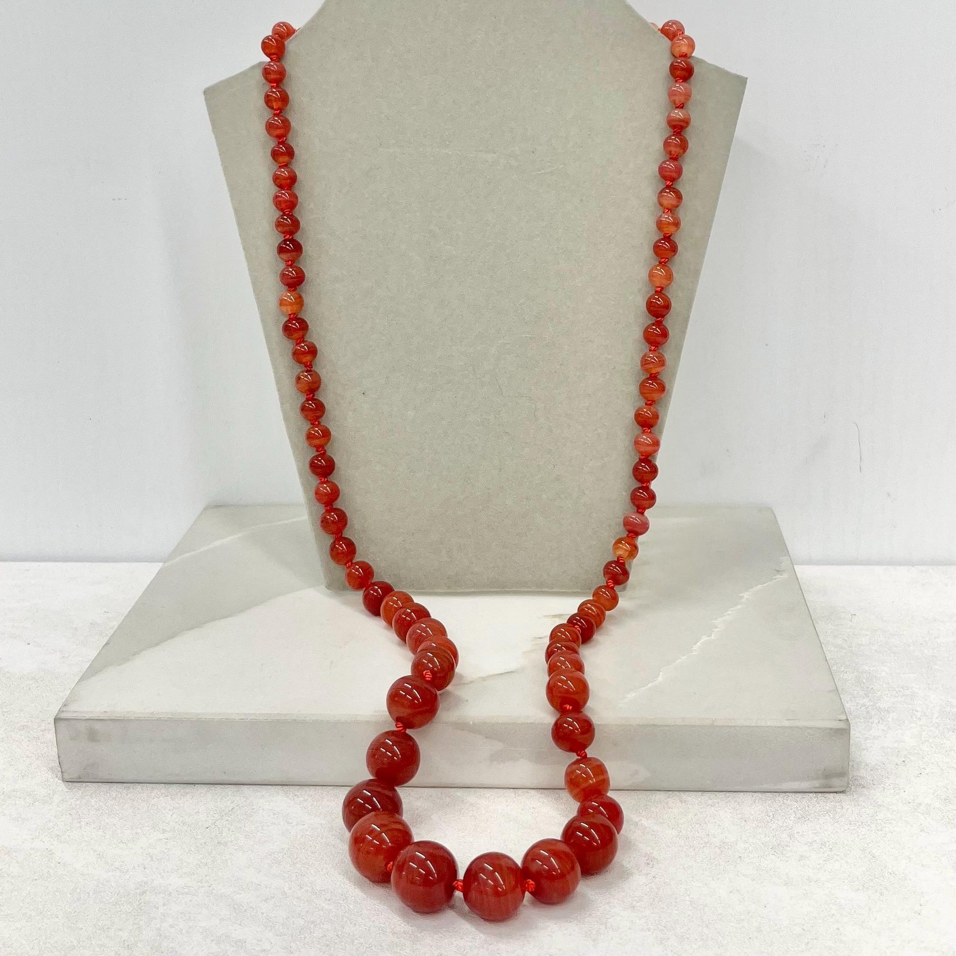 Vintage Hand Knotted Graduated Carnelian Green Uranium Swirl Glass Bead Necklace - Art Deco 31” Long MillyOliverVintage