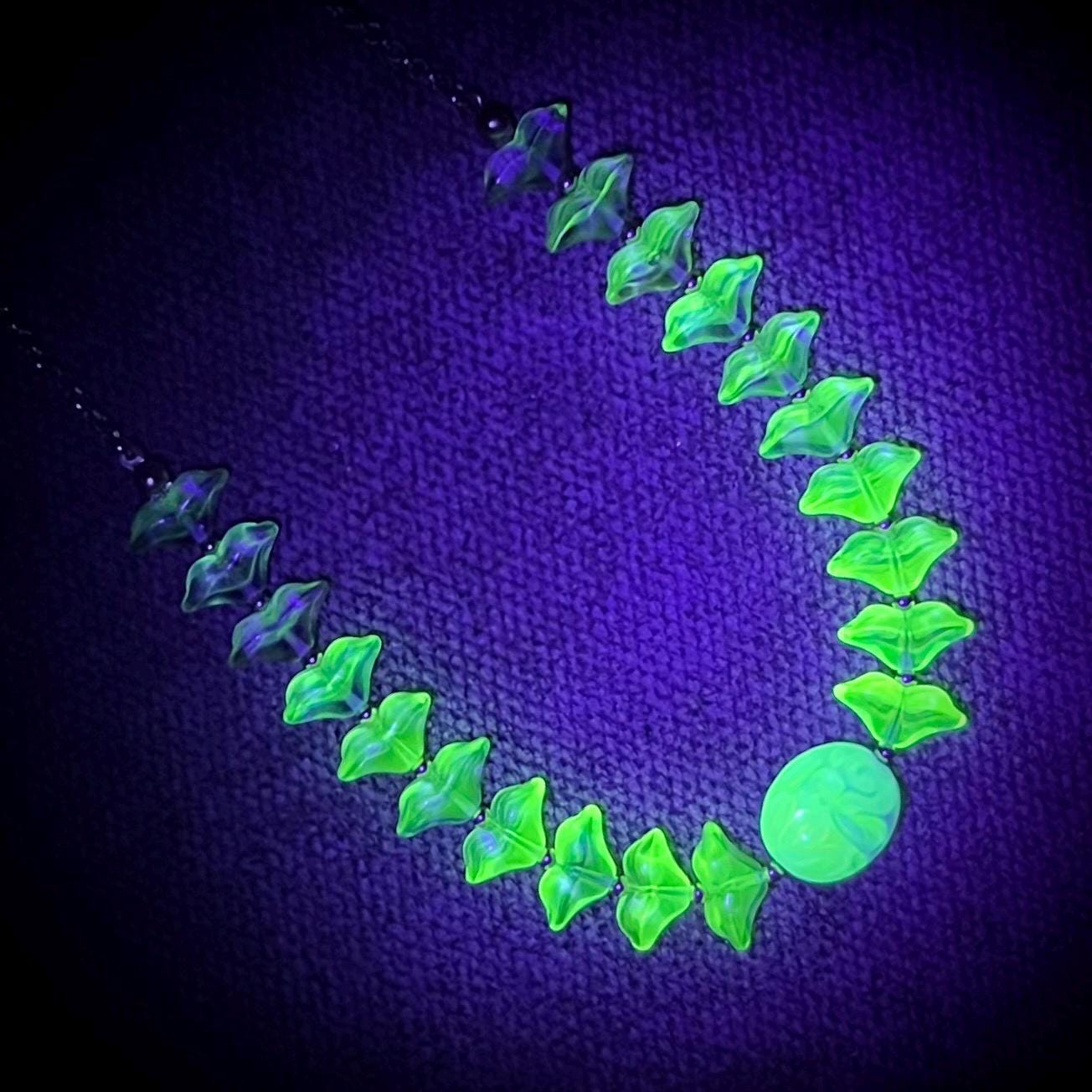 Blue Uranium Glass Bead & Gold Plated Chain Necklace Bright Green Under UV Light Handmade 17” with a 2” Extender MillyOliverVintage