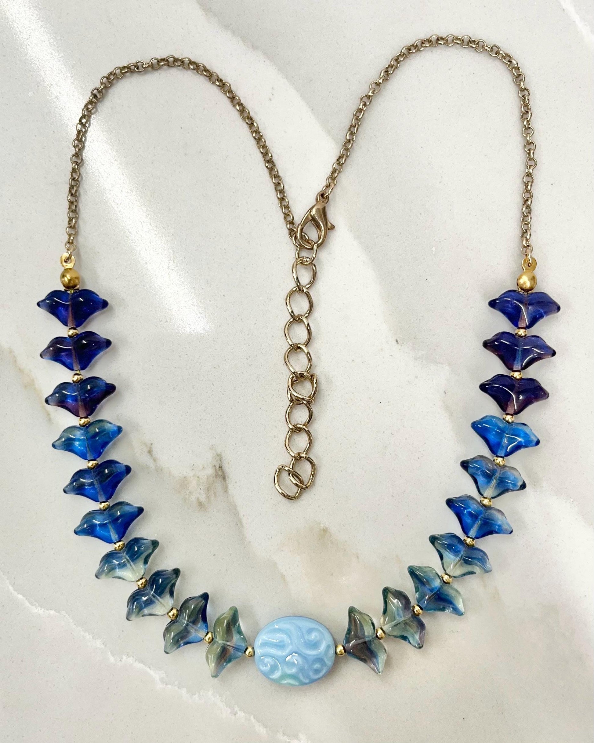 Blue Uranium Glass Bead & Gold Plated Chain Necklace Bright Green Under UV Light Handmade 17” with a 2” Extender MillyOliverVintage