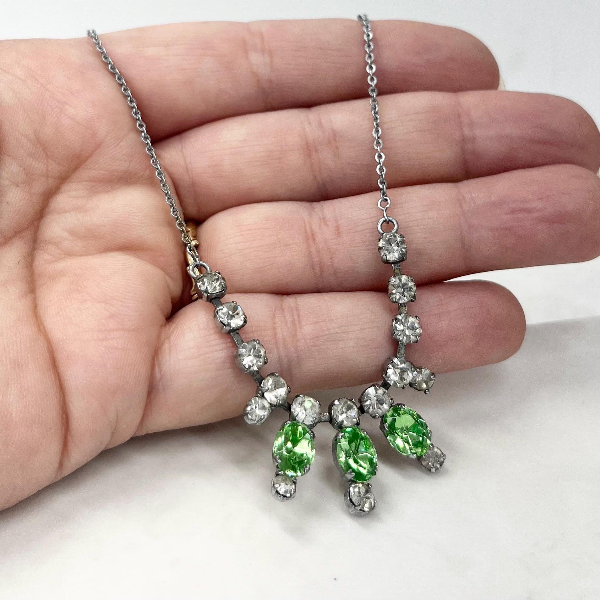 Vintage Green Uranium Glass Crystal Trio Drop Necklace Silver Tone Metal UV Reactive Glow MillyOliverVintage