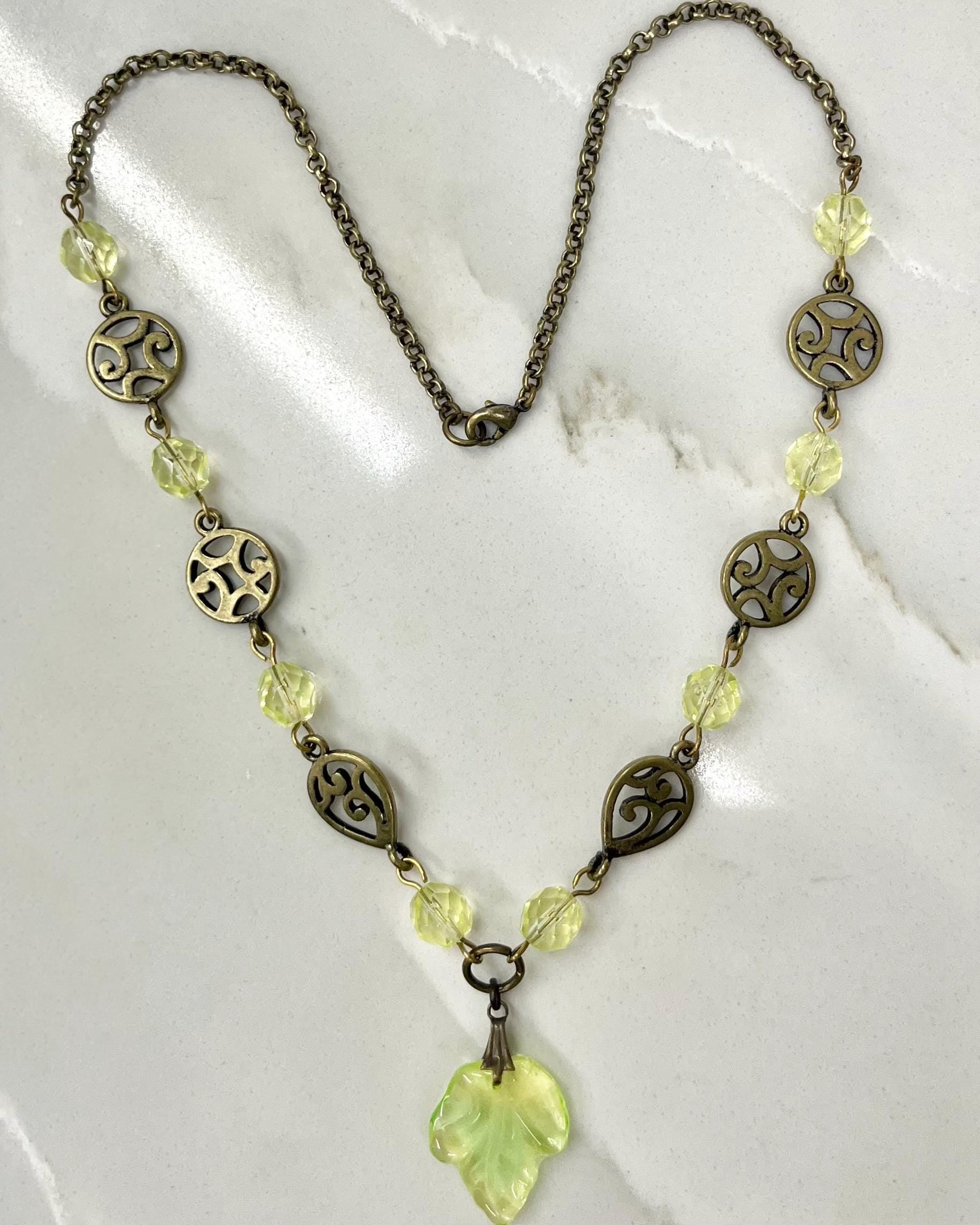 Yellow Uranium Glass Bead Leaf Drop Necklace with Antiques Brass Toned Accents: UV Reactive MillyOliverVintage