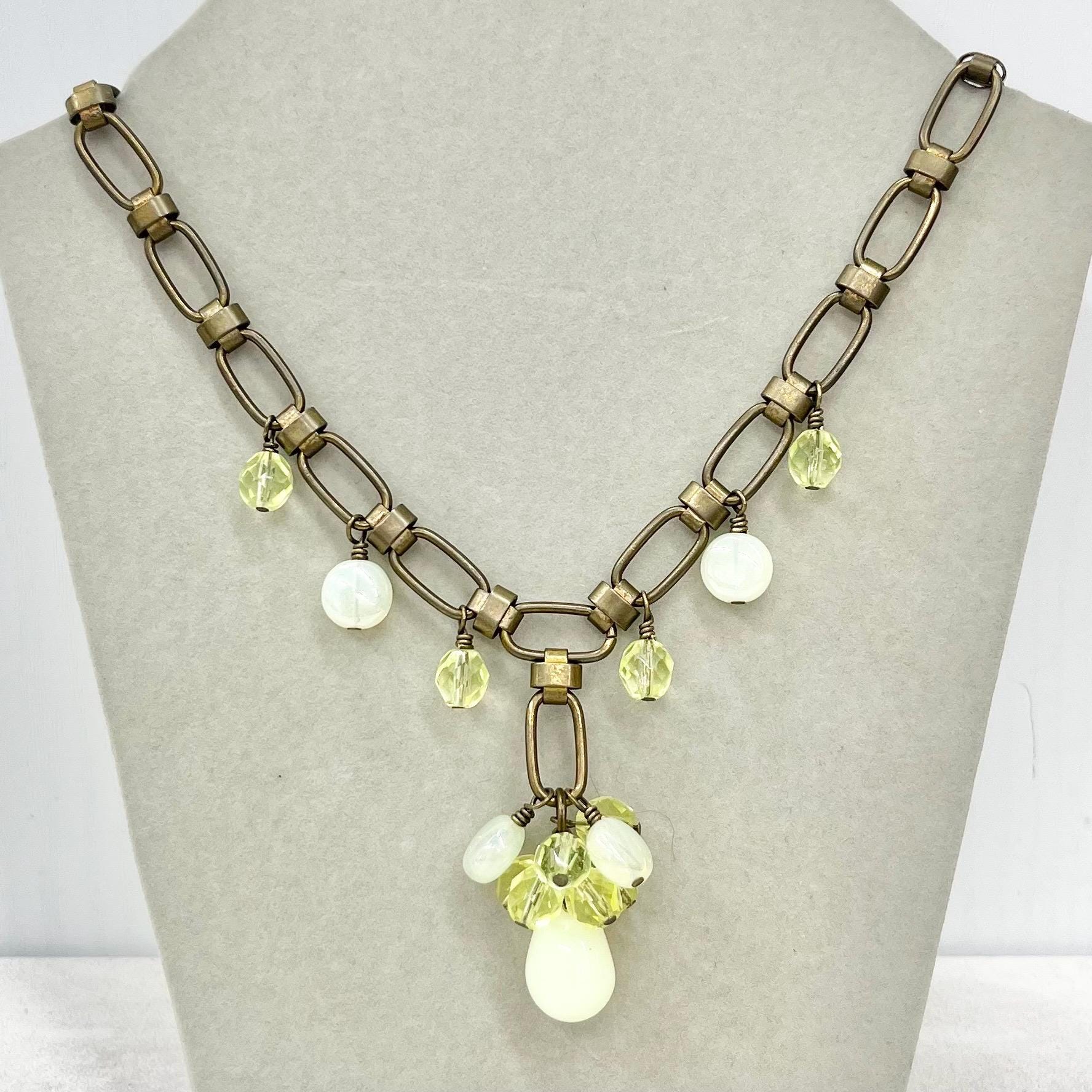 Uranium Glass Bead Cluster Drop Necklace: Yellow Crystal, Brass Tone Chain, UV Reactive MillyOliverVintage
