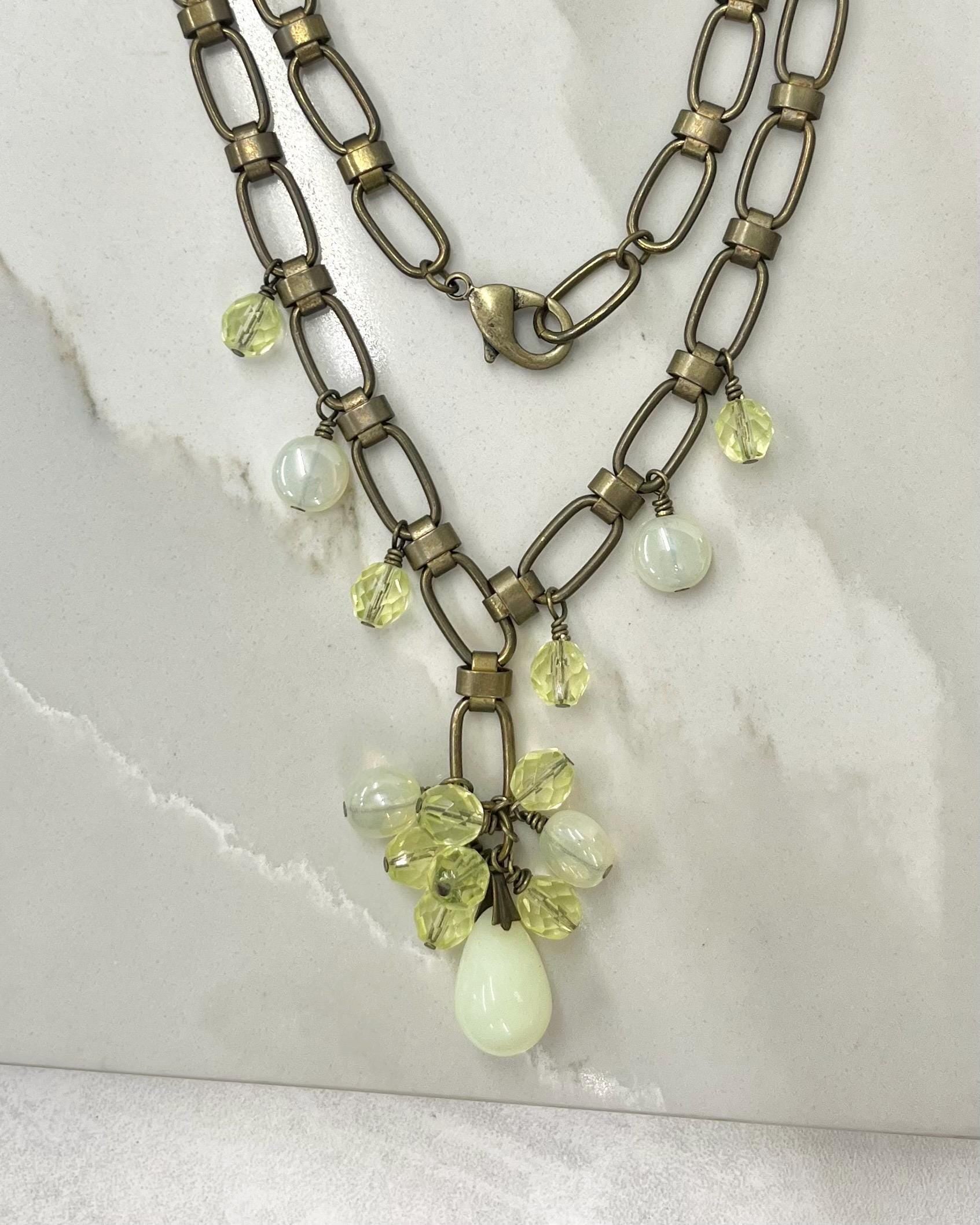Uranium Glass Bead Cluster Drop Necklace: Yellow Crystal, Brass Tone Chain, UV Reactive MillyOliverVintage