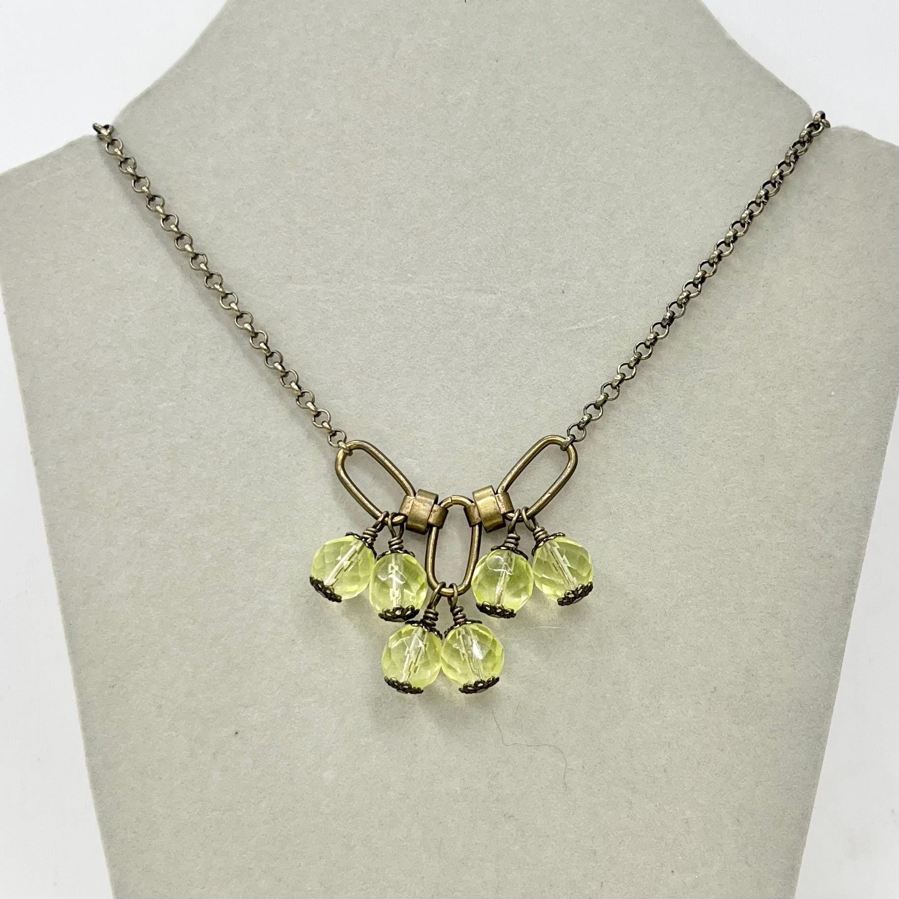 Uranium Glass Bead Drop Necklace: Yellow Crystal, Brass Tone Chain, UV Reactive 16” Long MillyOliverVintage