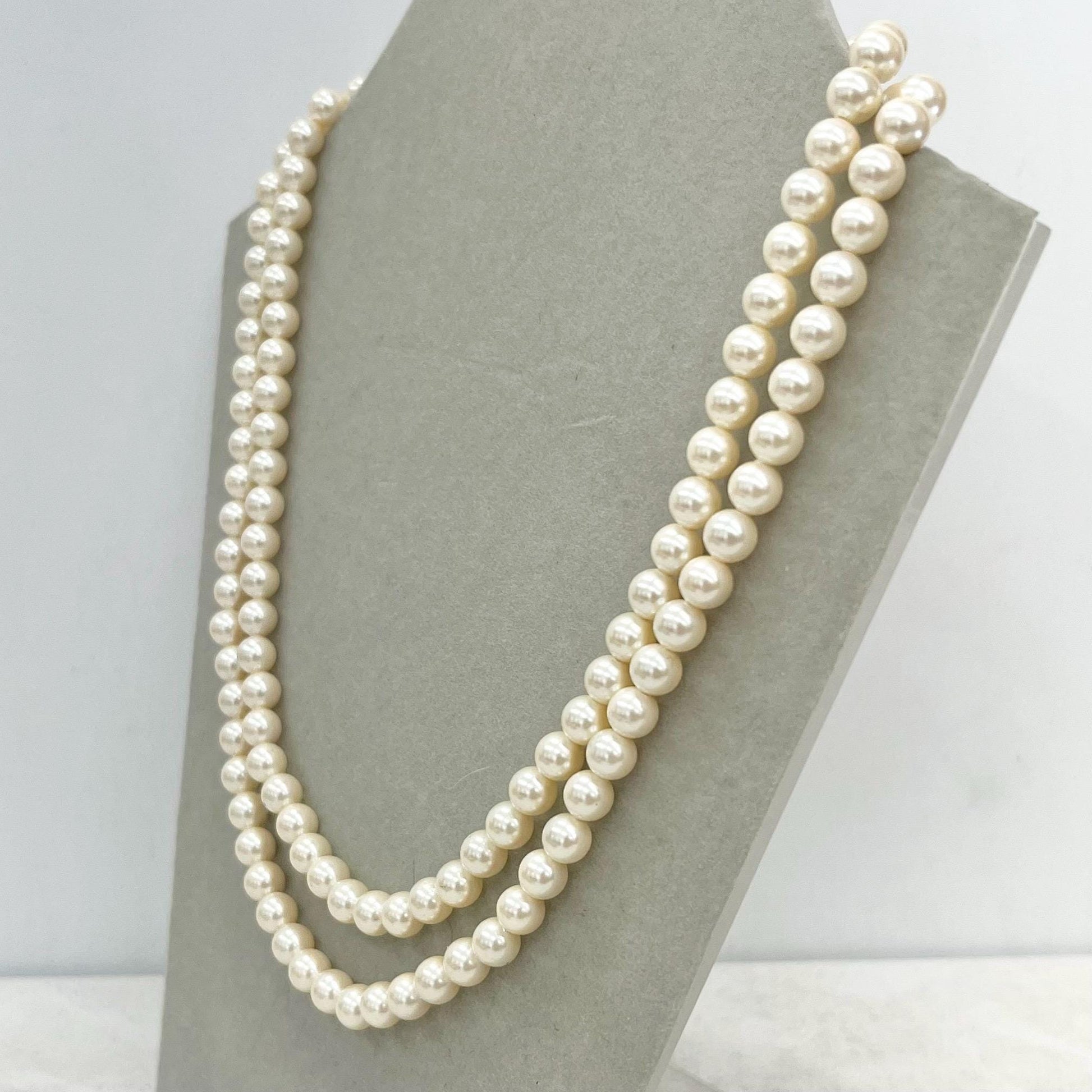 Vintage Two Strand Glass Pearl Bead Necklace with a Gilt Sterling Silver Ornate Clasp MillyOliverVintage
