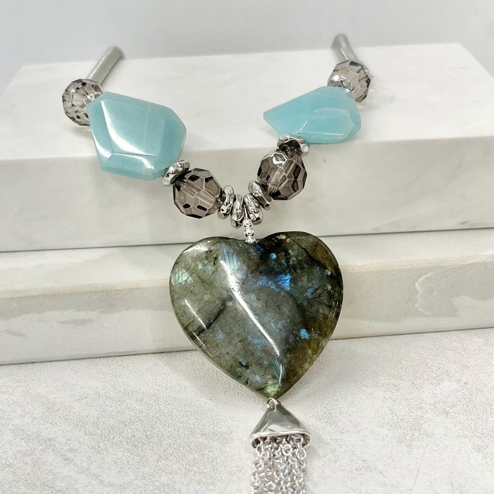 Labradorite Heart Drop Amazonite & Crystal Tassle Pendant Necklace Silver Plated Chain - 18” Long Handmade MillyOliverVintage