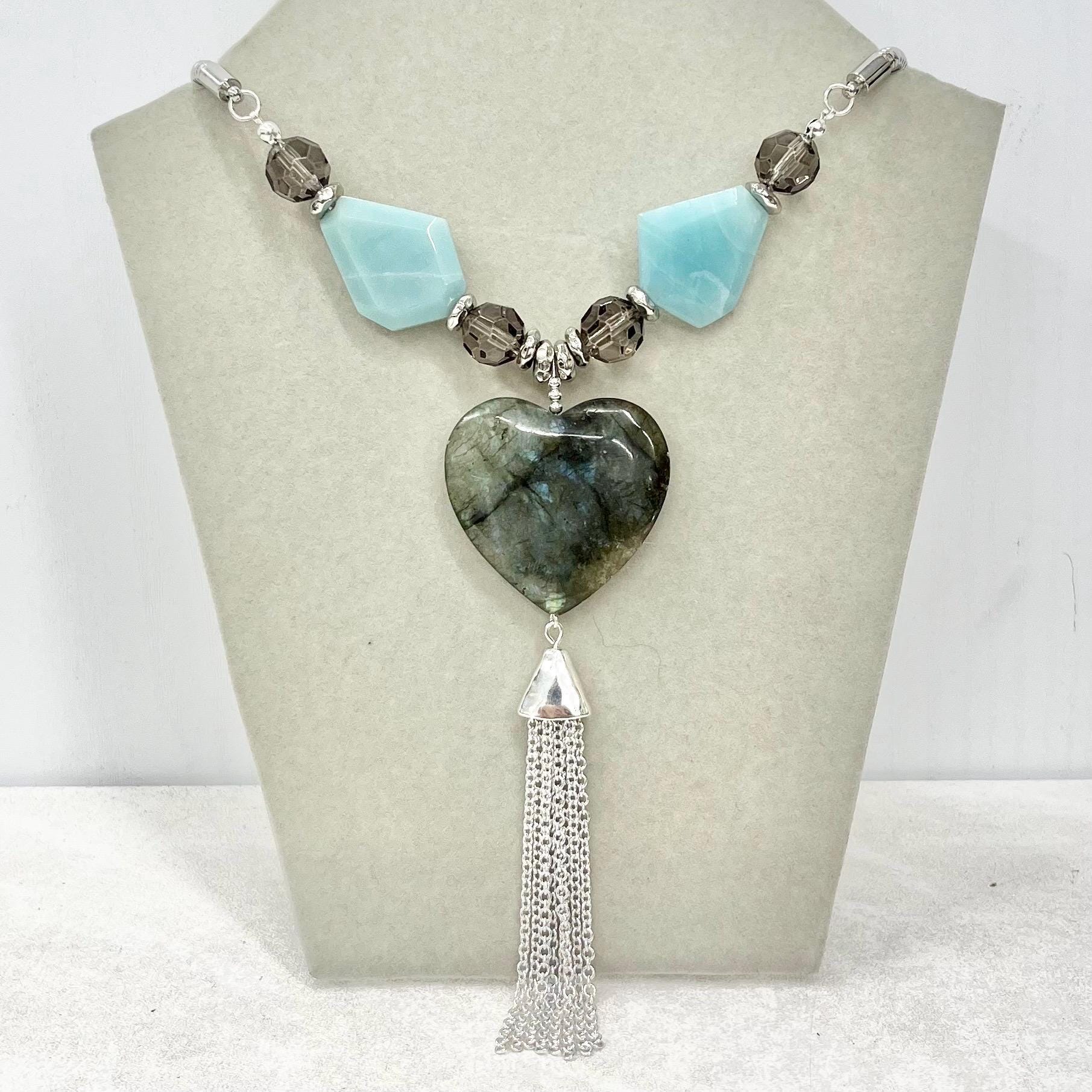 Labradorite Heart Drop Amazonite & Crystal Tassle Pendant Necklace Silver Plated Chain - 18” Long Handmade MillyOliverVintage