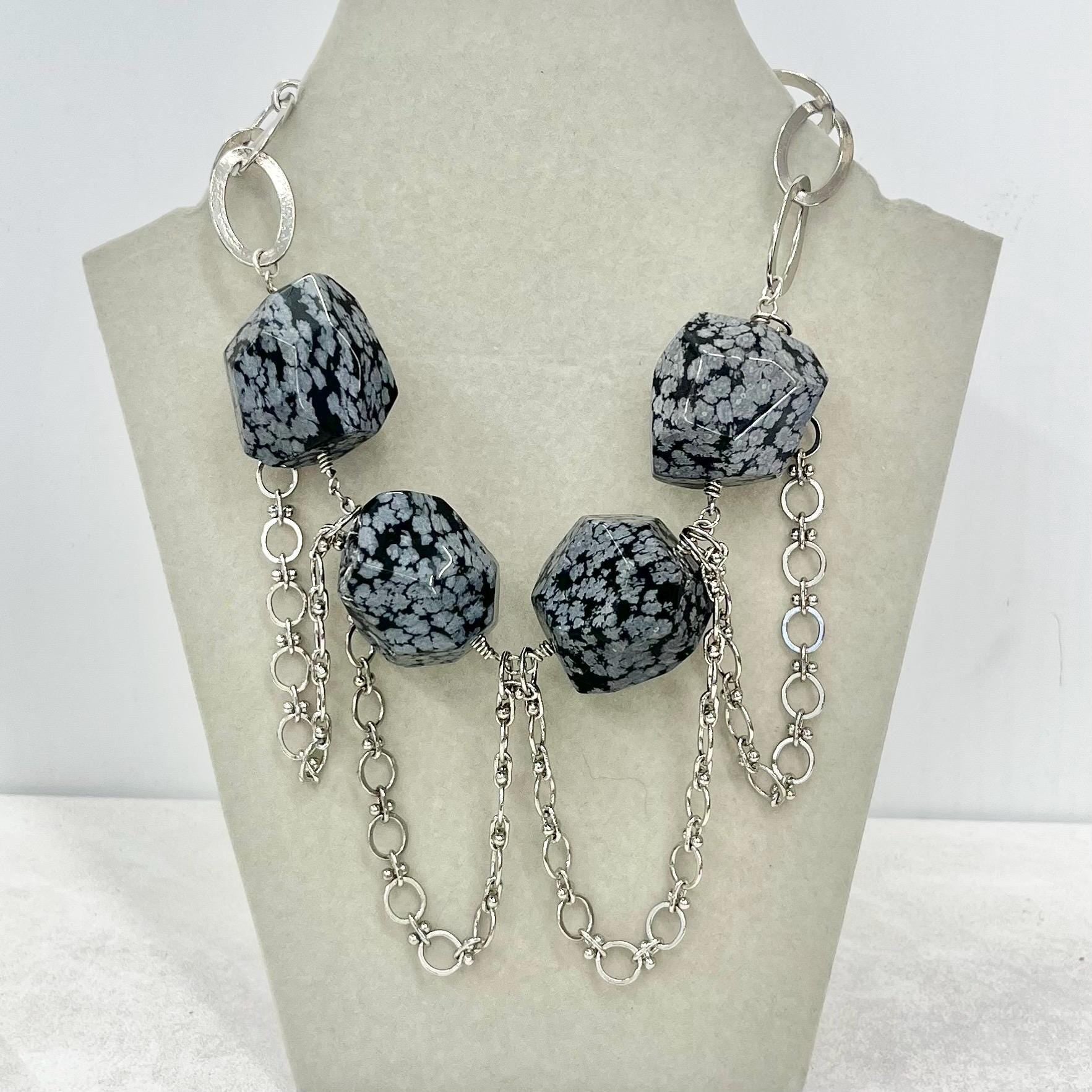 Contemporary Chunky Snowflake Obsidian Bead Statement Necklace with a Silver Plate Chain 18” Long MillyOliverVintage