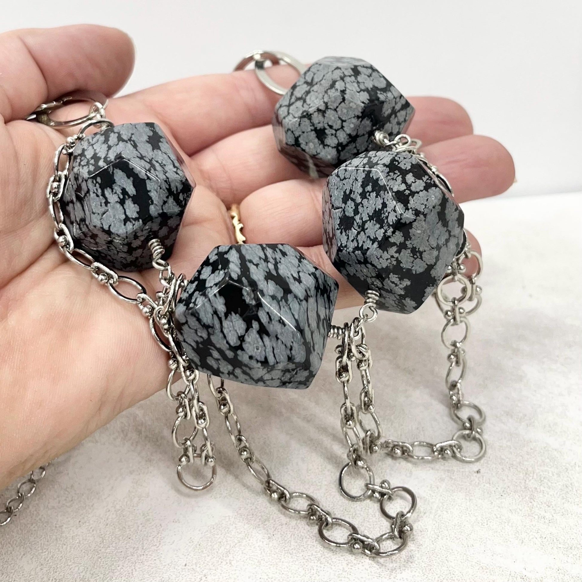 Contemporary Chunky Snowflake Obsidian Bead Statement Necklace with a Silver Plate Chain 18” Long MillyOliverVintage