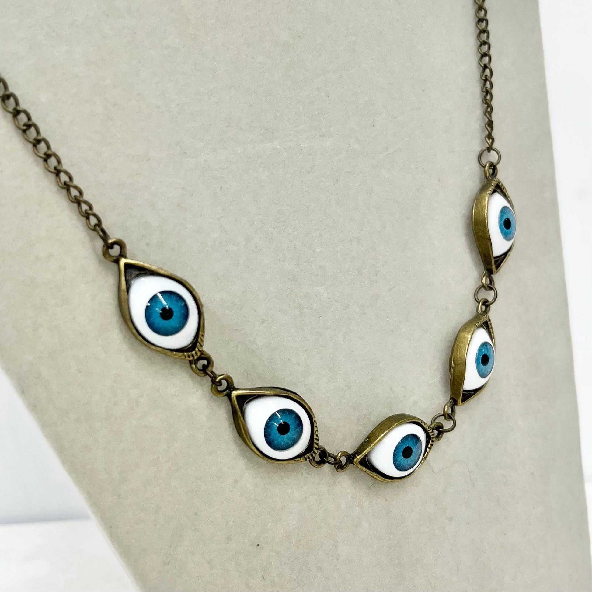 Vintage 1990’s Glass Blue Eye Necklace: Brass Tone Chain MillyOliverVintage
