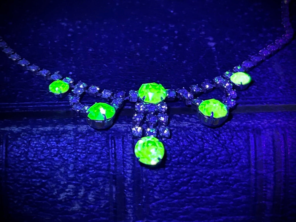 Vintage Green Uranium Glass Crystal Drop Necklace Light Gold Tone Metal UV Reactive Glow Piece TheGreenGlassGemShop