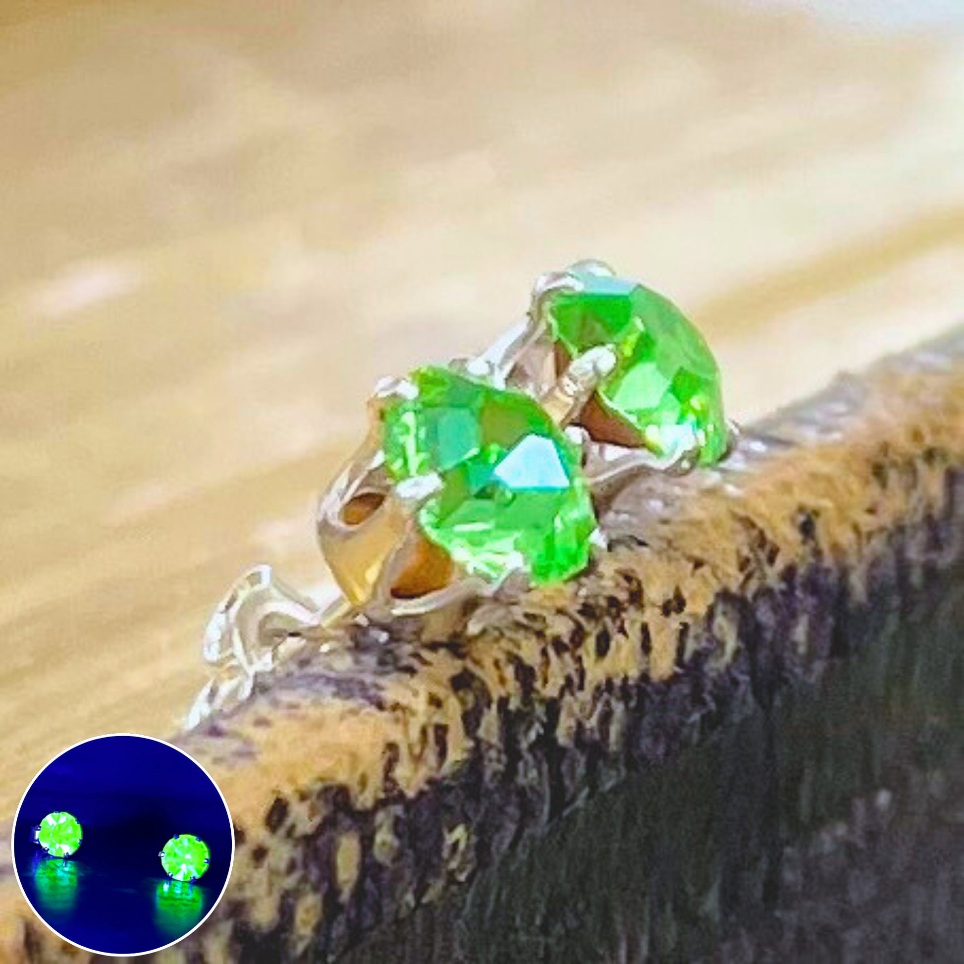 Sterling Silver Uranium Glass Round Cut Crystal Stud Earrings 4.5mm with a UV Reactive Glow UV Jewellery MillyOliverVintage