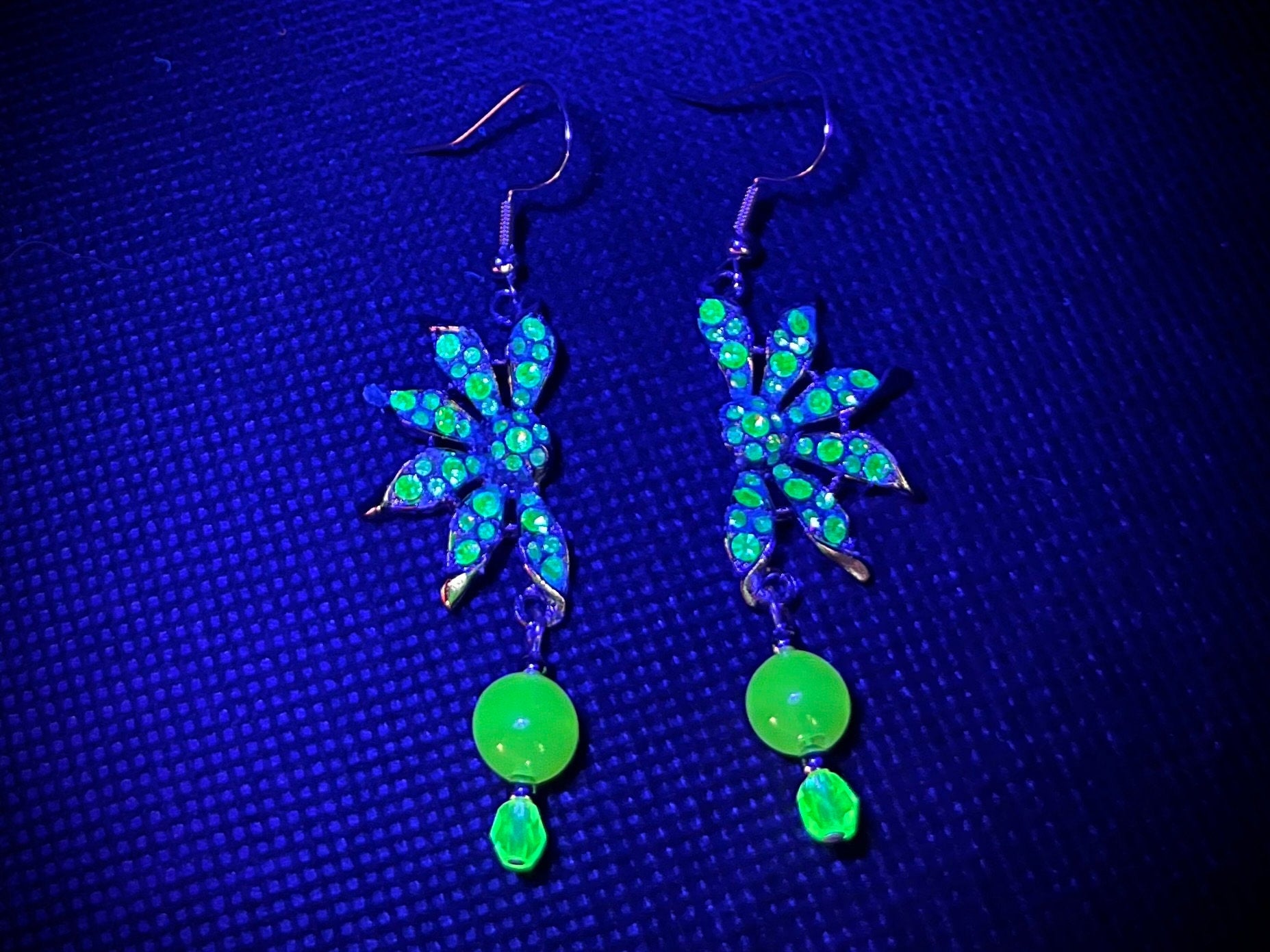 Vintage Green Uranium Crystal Flower Earrings with Swarovski Crystal Elements Earrings UV Reactive Glow Half Daisy Style TheGreenGlassGemShop