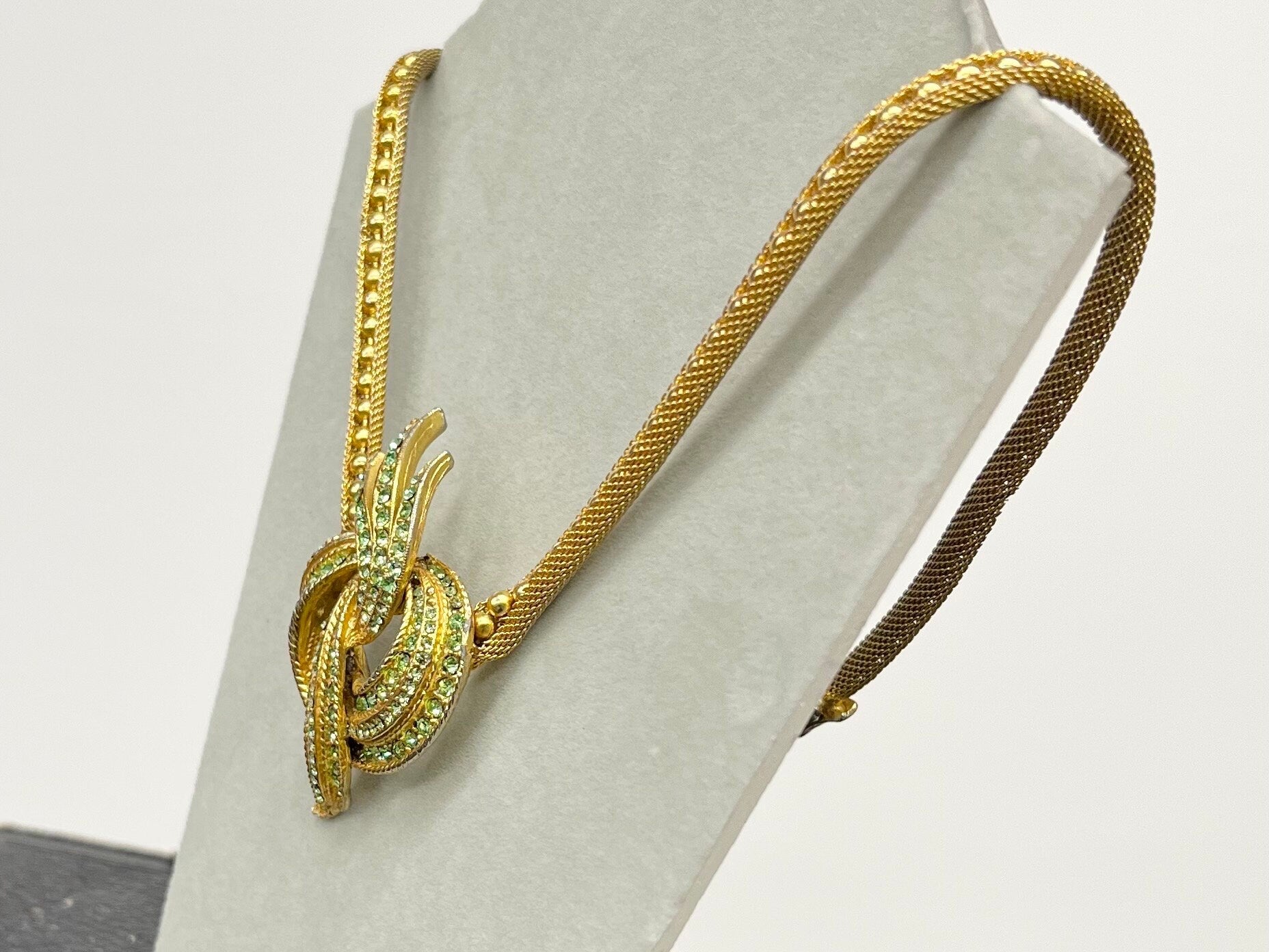 Vintage Green Uranium Glass Crystal Necklace Gold Tone Metal UV Reactive Glow Statement Piece TheGreenGlassGemShop