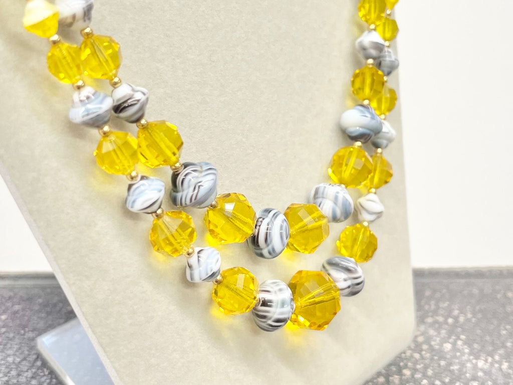 Vintage Two Strand Yellow & Grey Czech Glass Bead Necklace with Cadmium Beads UV Reactive Glow Jewellery TheGreenGlassGemShop