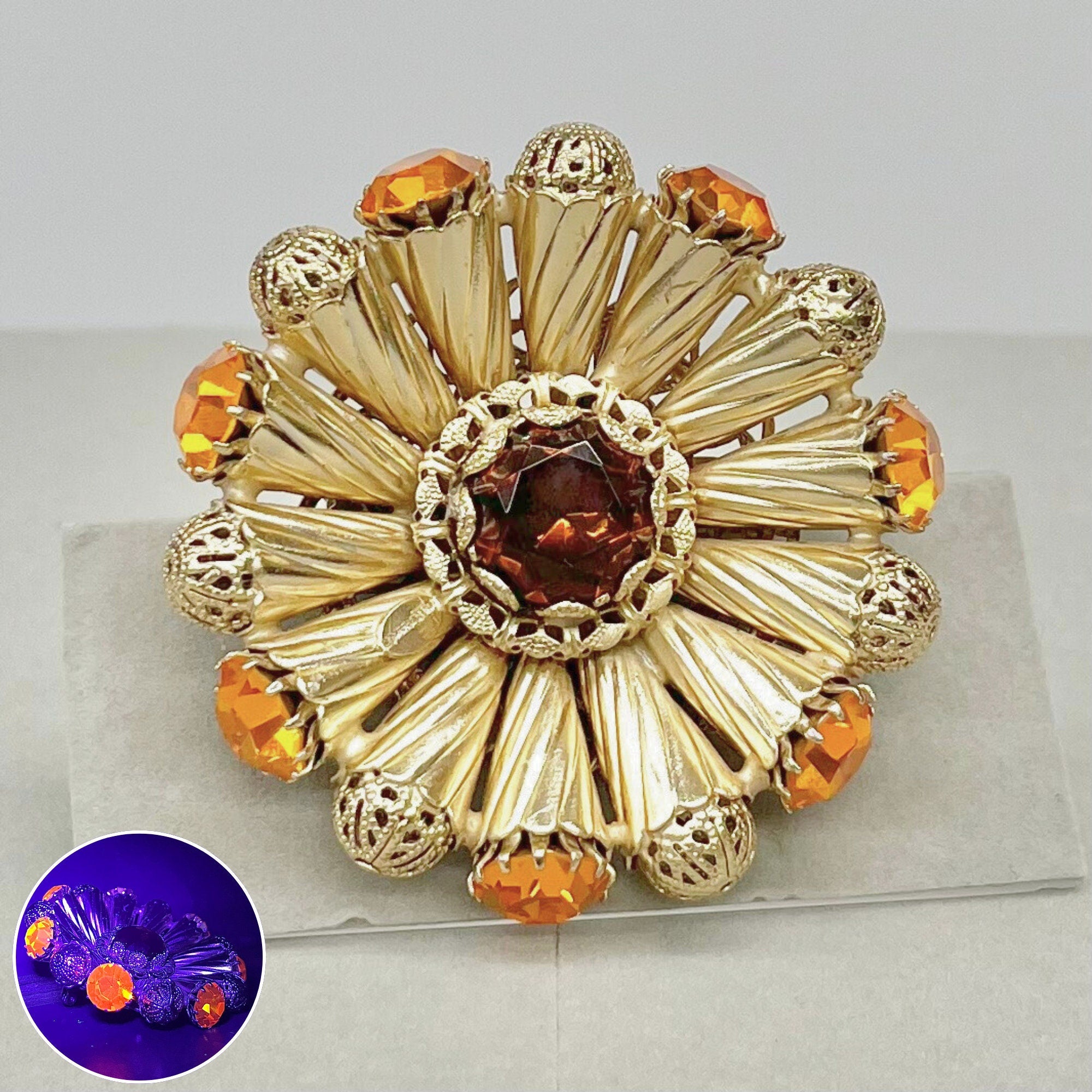 Huge Vintage Statement Orange Cadmium Glass Crystal Brooch