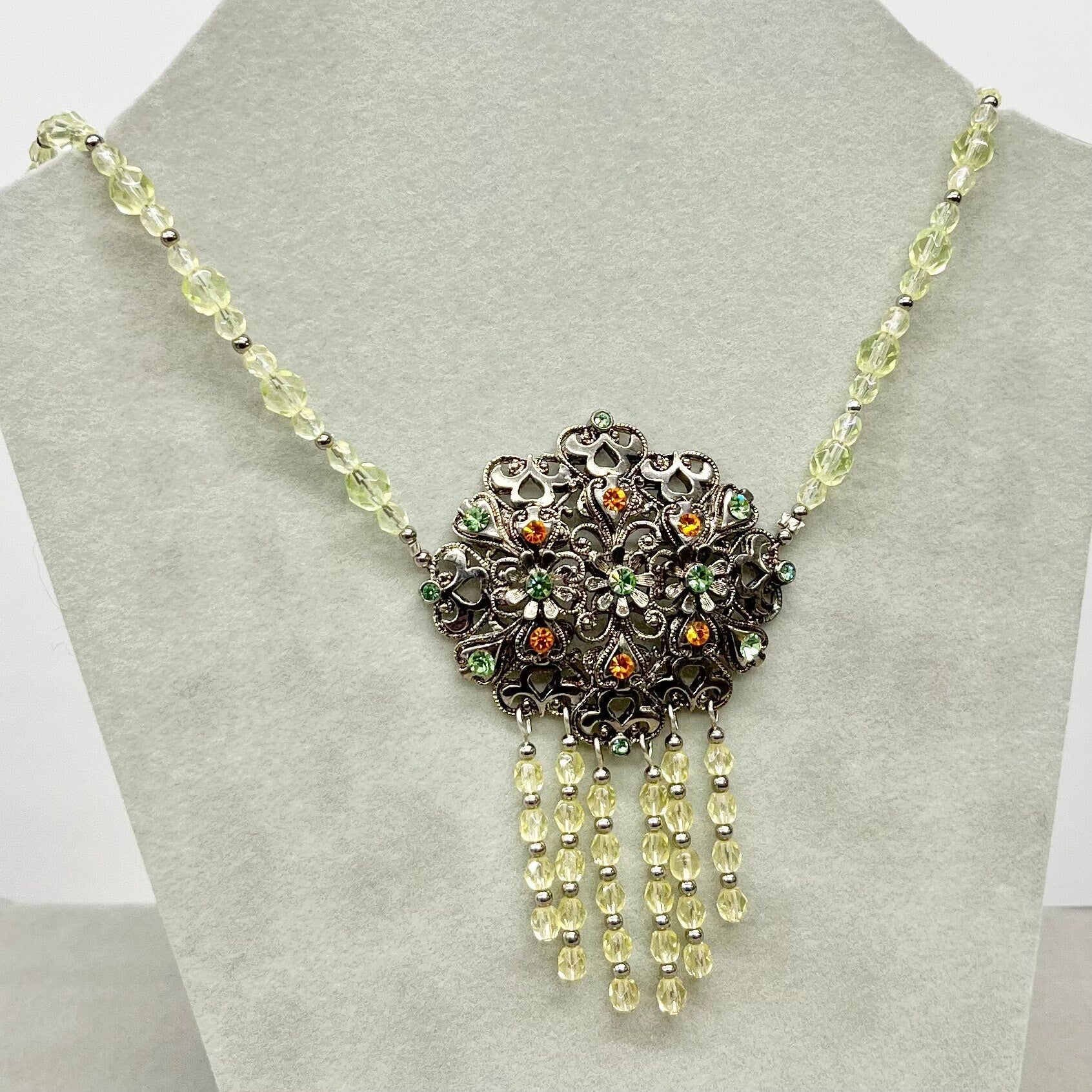 Unique Green Uranium Glass Czech Crystal Drop Necklace Victorian Style UV Reactive Glowing Jewellery Made From Vintage Components TheGreenGlassGemShop
