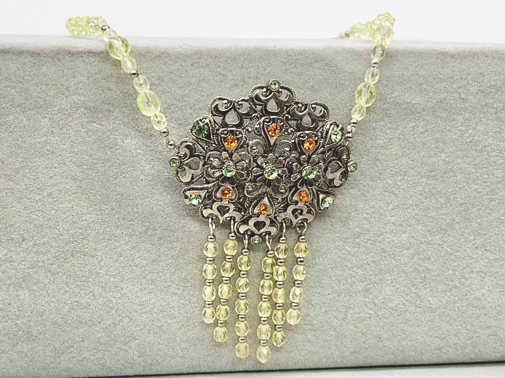 Unique Green Uranium Glass Czech Crystal Drop Necklace Victorian Style UV Reactive Glowing Jewellery Made From Vintage Components TheGreenGlassGemShop