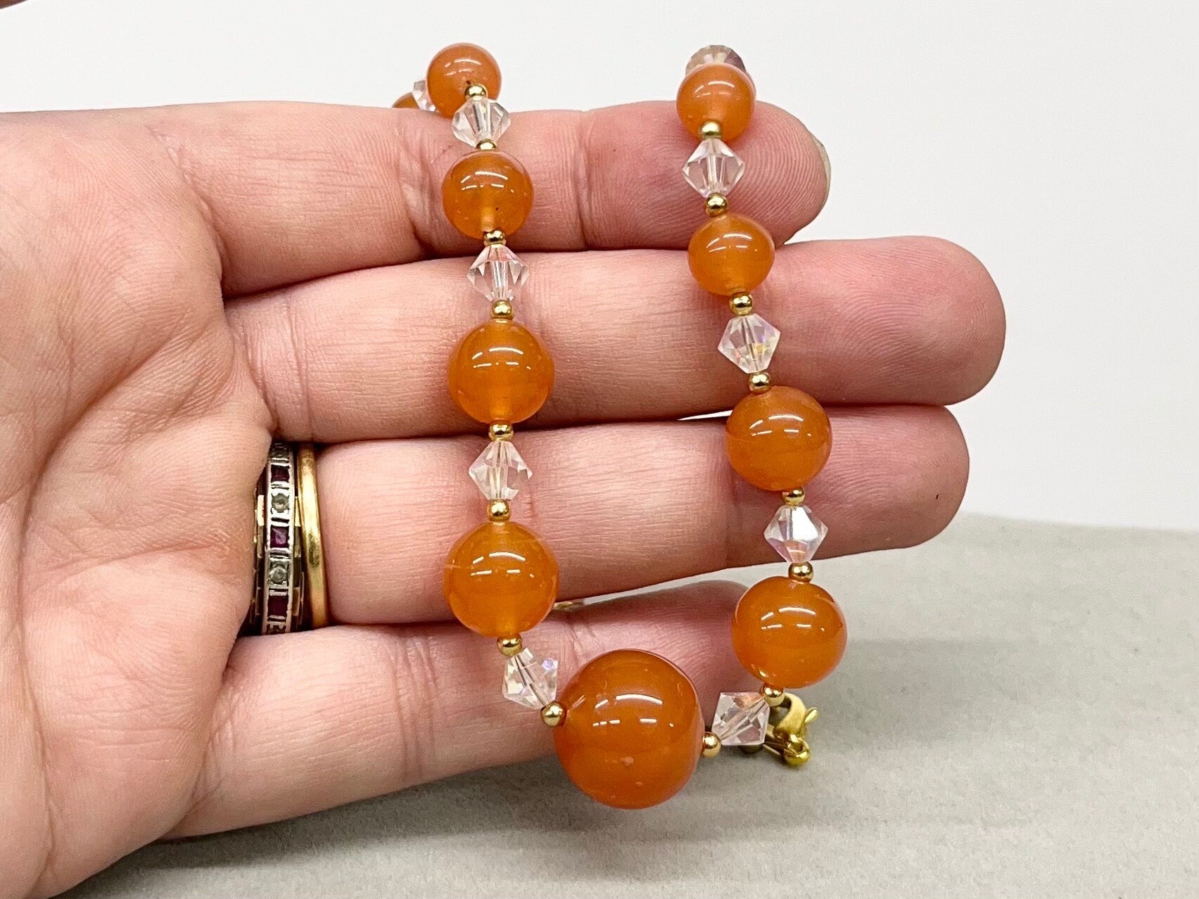 Vintage Carnelian Glass Uranium Graduated Bead Necklace Orange & Clear Beads Bright Green / Yellow UV Reactive Glow TheGreenGlassGemShop