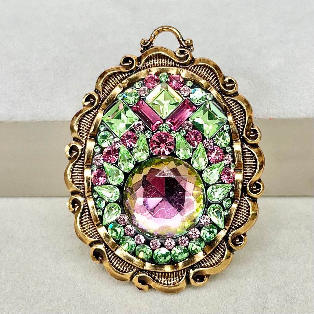 Statement Large Pink Green Uranium Pendant with Vintage Uranium Swarovski Crystal Elements in a Gold Tone Vintage Setting UV Reactive Glow TheGreenGlassGemShop