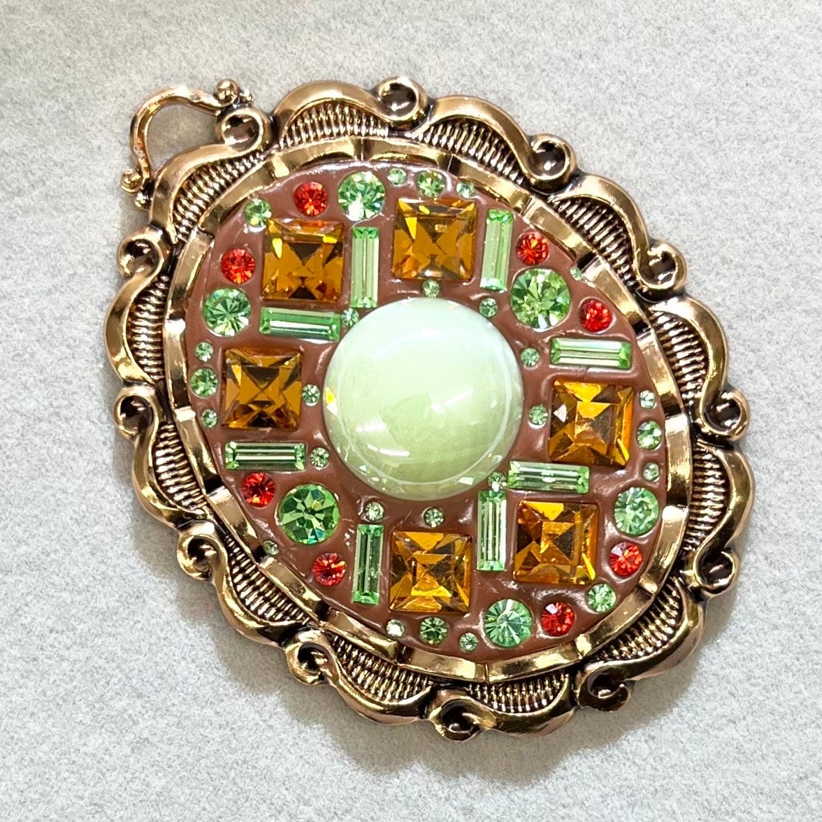 Statement Green Uranium Crystal Pendant with Vintage Uranium Swarovski Crystal Elements in a Gold Tone Setting UV Reactive Glow Brown Orange TheGreenGlassGemShop