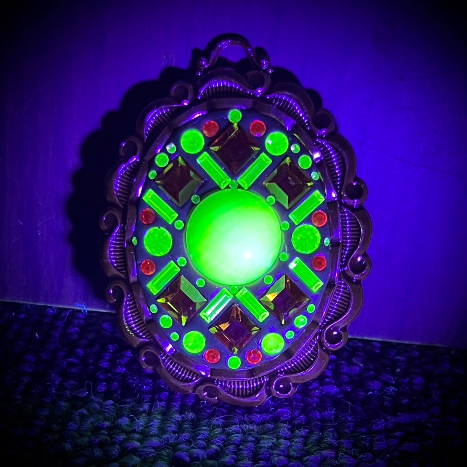 Statement Green Uranium Crystal Pendant with Vintage Uranium Swarovski Crystal Elements in a Gold Tone Setting UV Reactive Glow Brown Orange TheGreenGlassGemShop