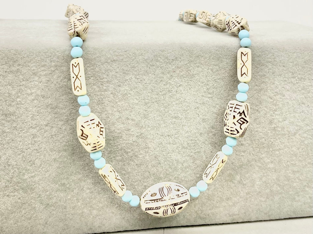 Vintage Max Neiger Uranium Glass Bead Necklace Egyptian Revival Bright Green UV Reactive Glowing Jewellery 28” Long TheGreenGlassGemShop