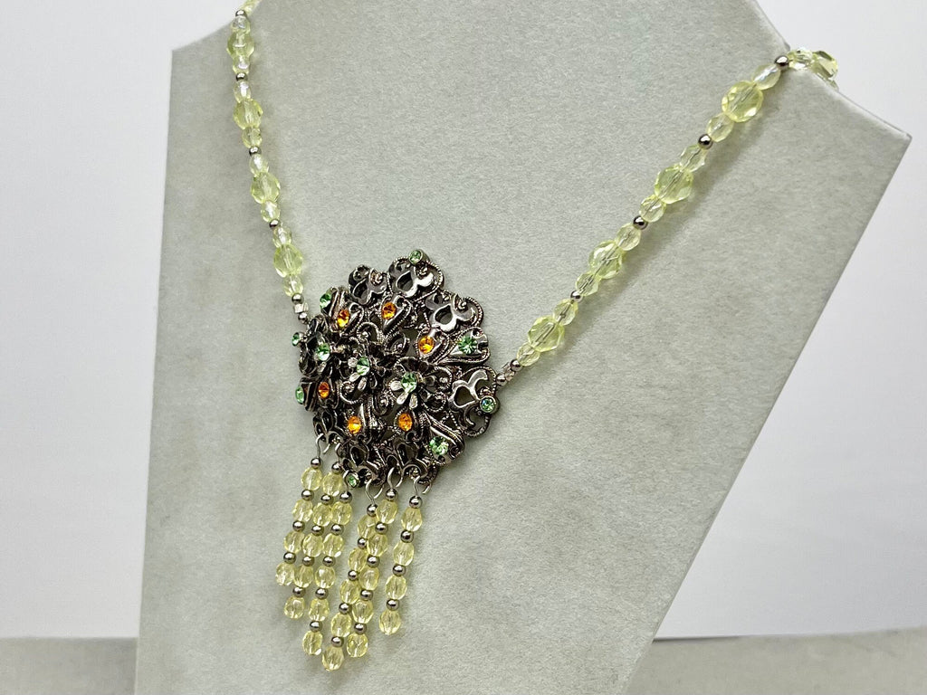 Unique Green Uranium Glass Czech Crystal Drop Necklace Victorian Style UV Reactive Glowing Jewellery Made From Vintage Components TheGreenGlassGemShop