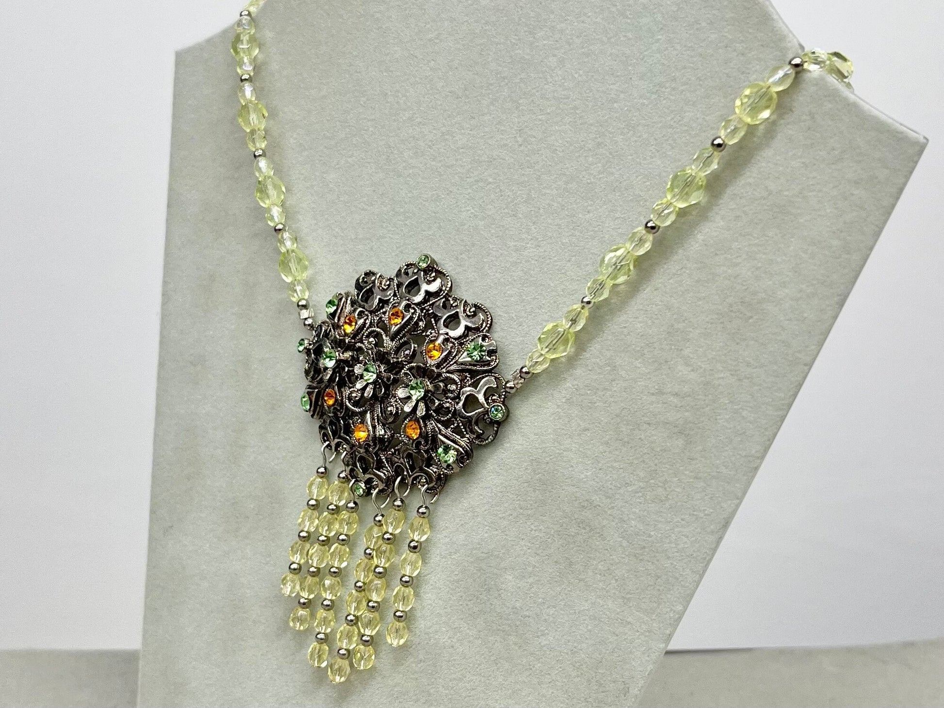Unique Green Uranium Glass Czech Crystal Drop Necklace Victorian Style UV Reactive Glowing Jewellery Made From Vintage Components TheGreenGlassGemShop