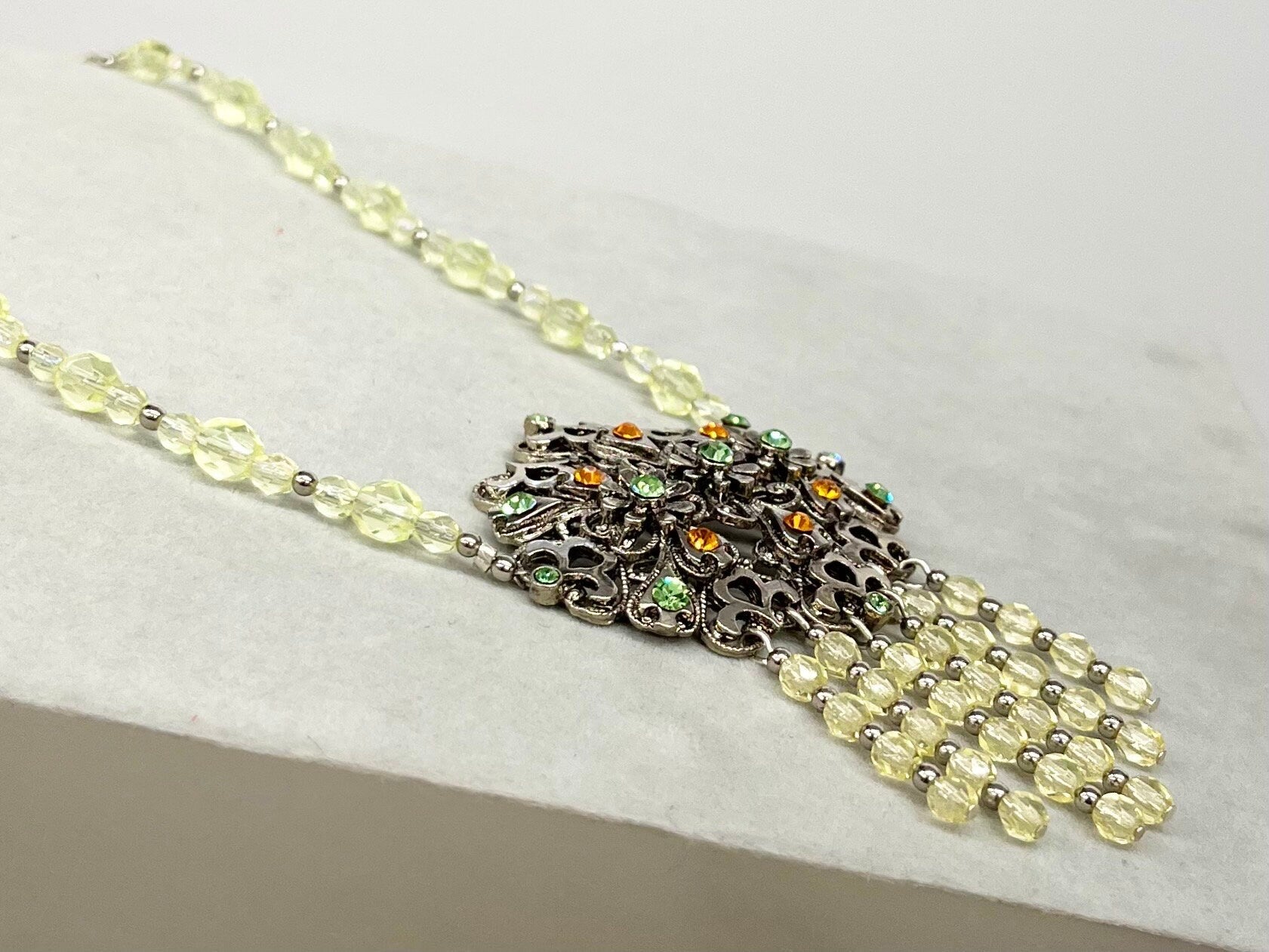 Unique Green Uranium Glass Czech Crystal Drop Necklace Victorian Style UV Reactive Glowing Jewellery Made From Vintage Components TheGreenGlassGemShop