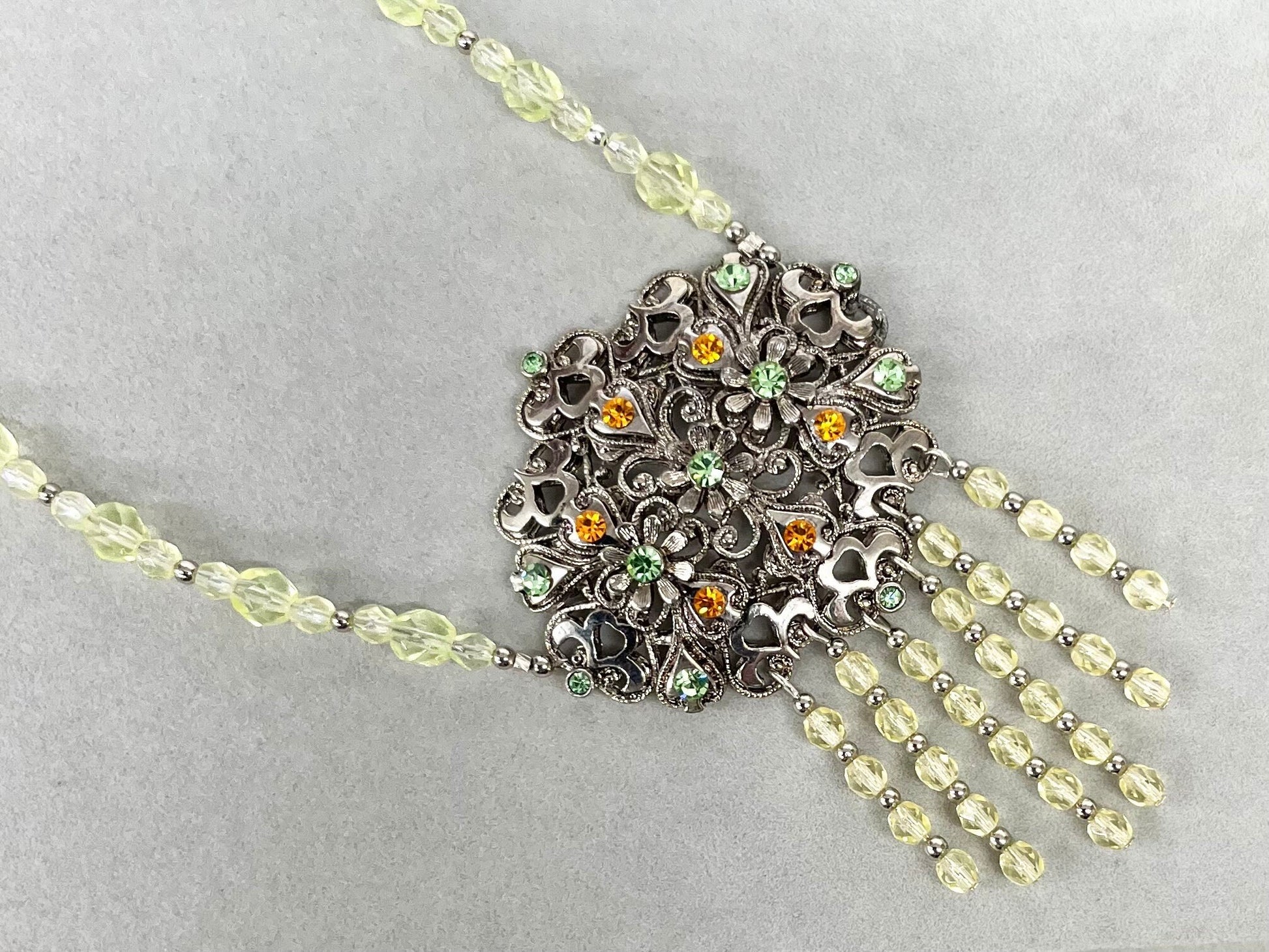 Unique Green Uranium Glass Czech Crystal Drop Necklace Victorian Style UV Reactive Glowing Jewellery Made From Vintage Components TheGreenGlassGemShop