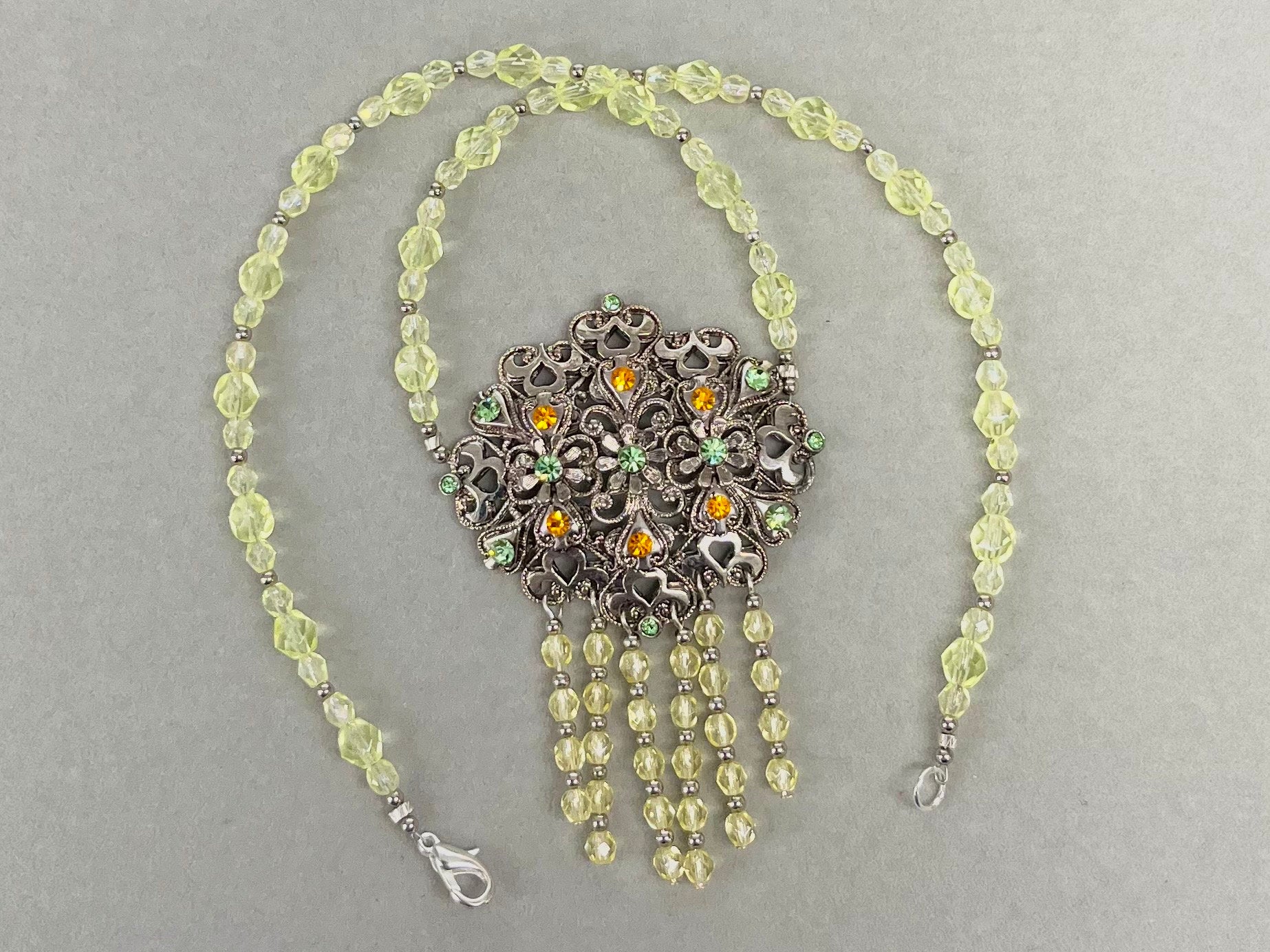 Unique Green Uranium Glass Czech Crystal Drop Necklace Victorian Style UV Reactive Glowing Jewellery Made From Vintage Components TheGreenGlassGemShop