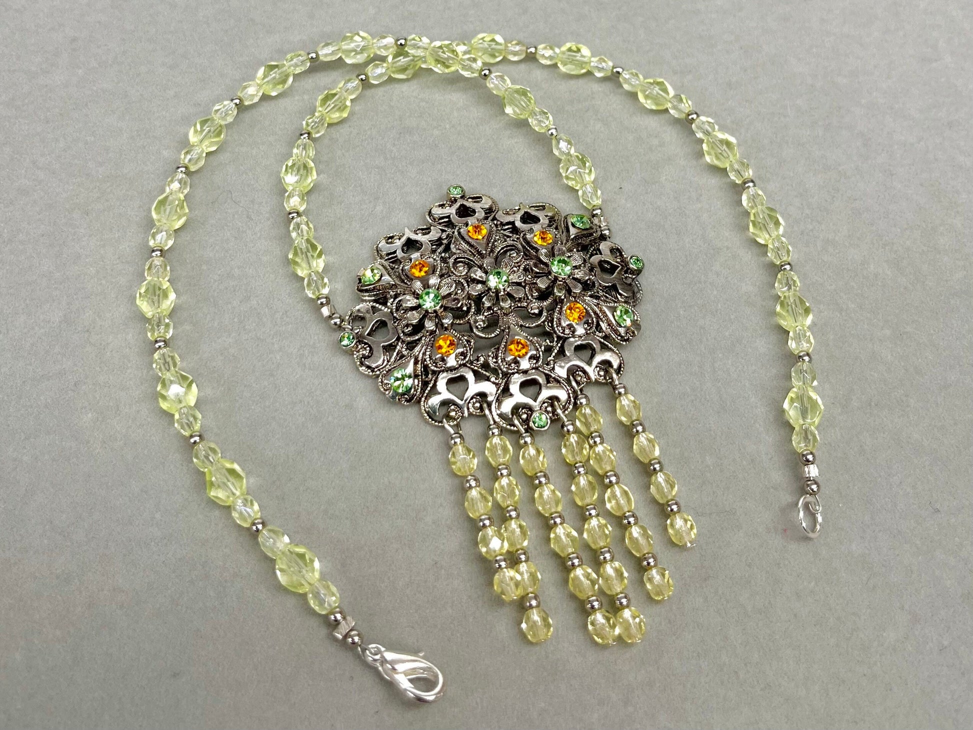 Unique Green Uranium Glass Czech Crystal Drop Necklace Victorian Style UV Reactive Glowing Jewellery Made From Vintage Components TheGreenGlassGemShop