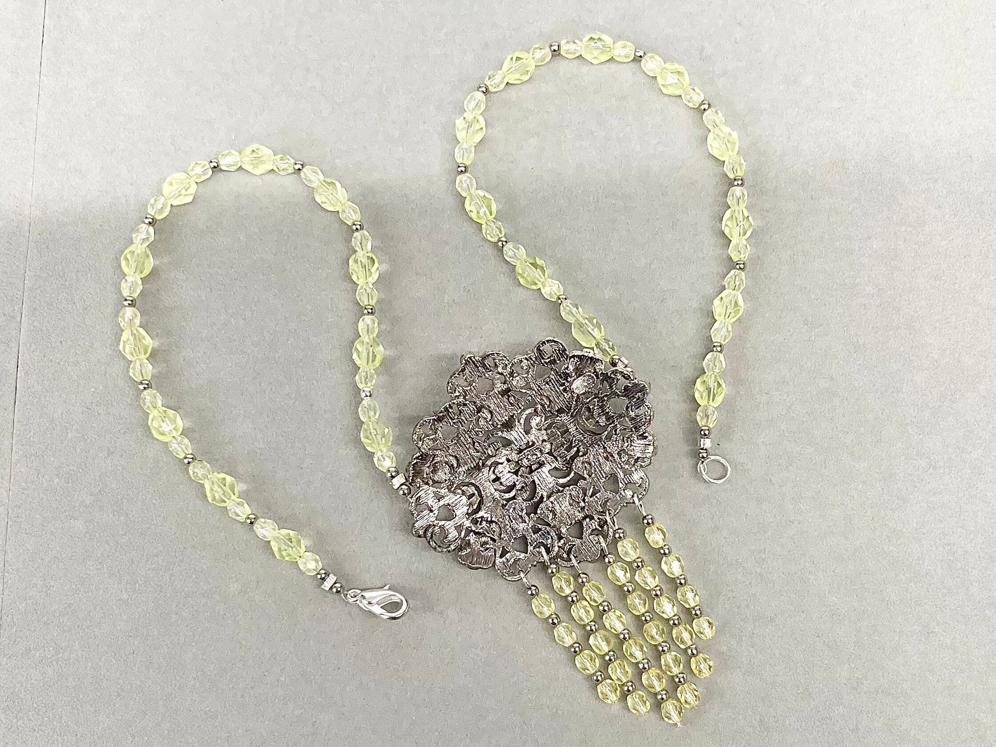 Unique Green Uranium Glass Czech Crystal Drop Necklace Victorian Style UV Reactive Glowing Jewellery Made From Vintage Components TheGreenGlassGemShop