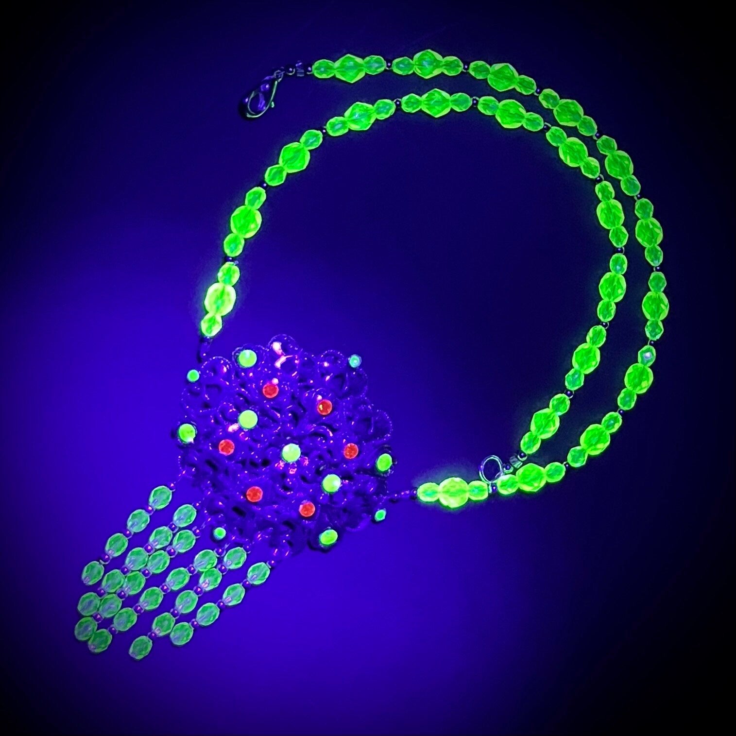 Unique Green Uranium Glass Czech Crystal Drop Necklace Victorian Style UV Reactive Glowing Jewellery Made From Vintage Components TheGreenGlassGemShop