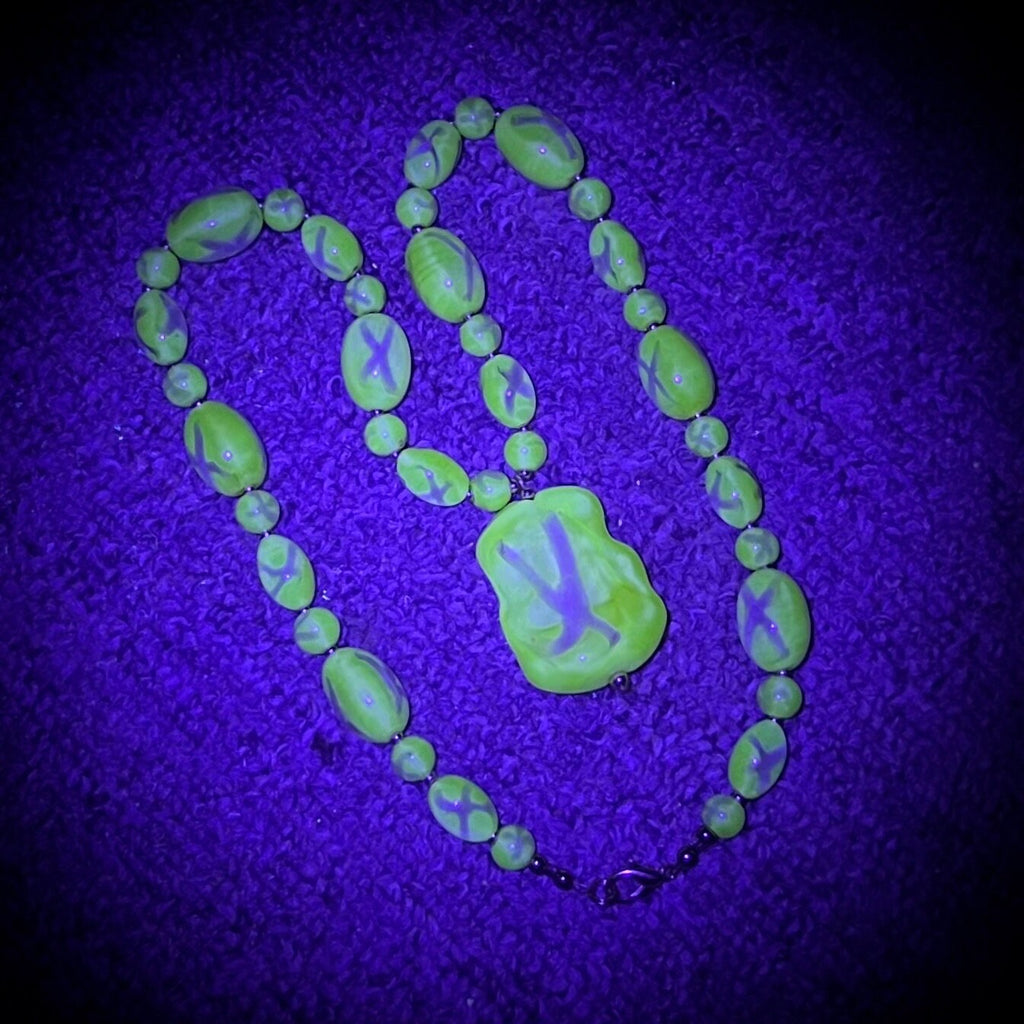 Stunning Yellow Glass Bead Uranium Glass Necklace Green UV Reactive Glow Jewellery Unusual Cross Bead Design Possibly Louis Rousselet TheGreenGlassGemShop