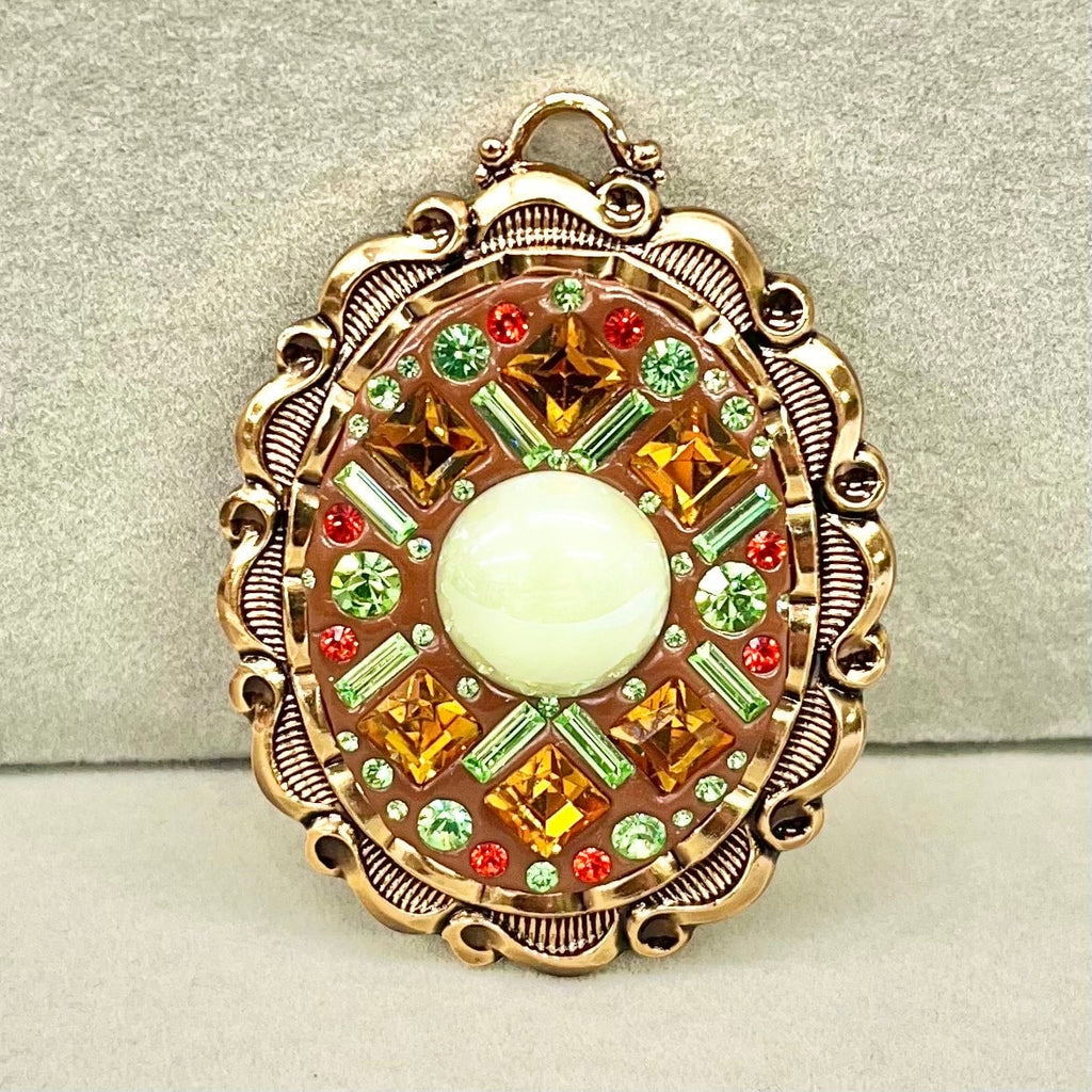 Statement Green Uranium Crystal Pendant with Vintage Uranium Swarovski Crystal Elements in a Gold Tone Setting UV Reactive Glow Brown Orange TheGreenGlassGemShop