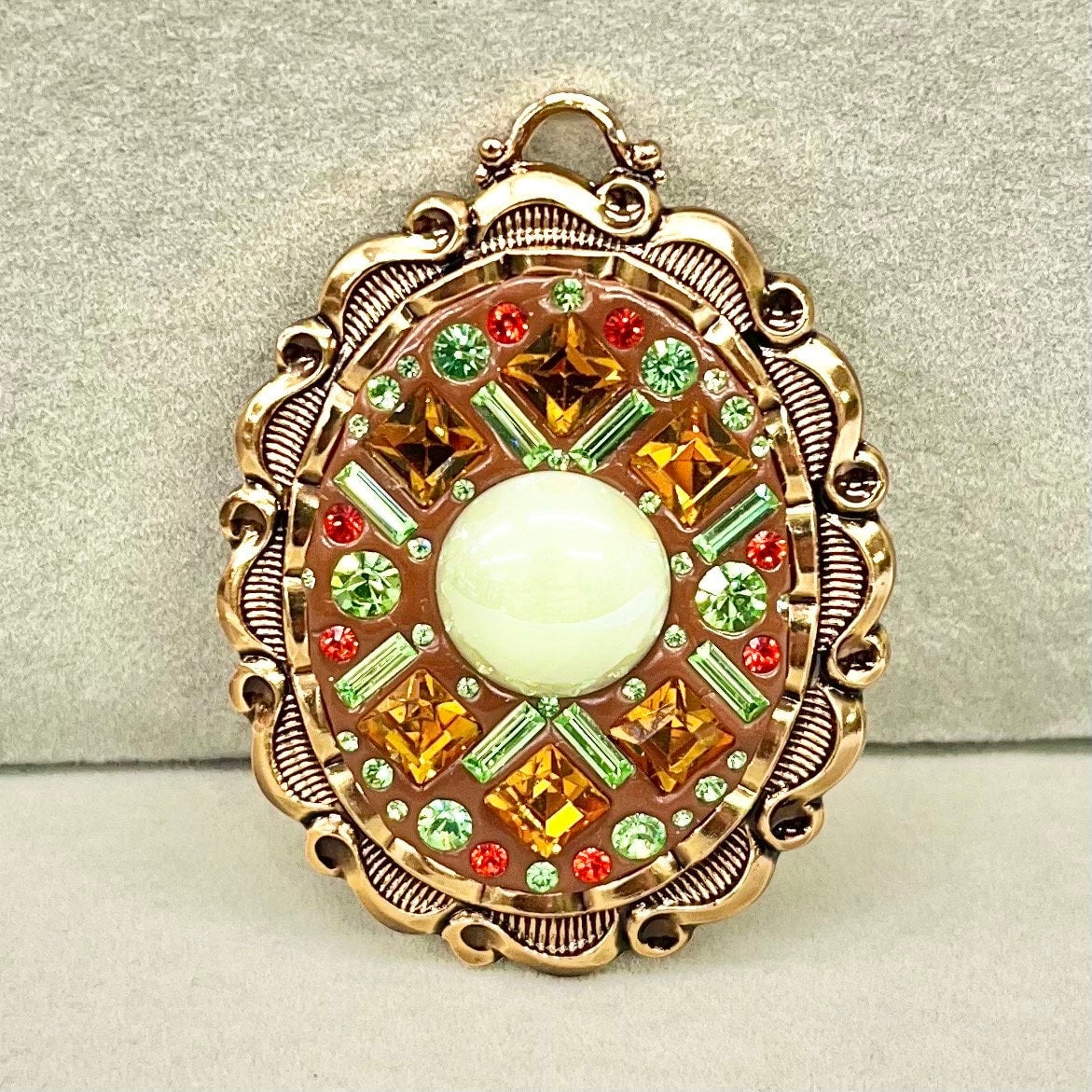 Statement Green Uranium Crystal Pendant with Vintage Uranium Swarovski Crystal Elements in a Gold Tone Setting UV Reactive Glow Brown Orange TheGreenGlassGemShop