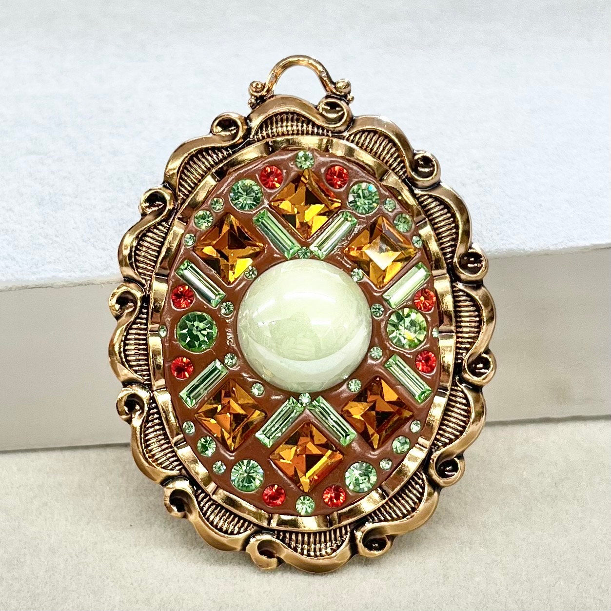 Statement Green Uranium Crystal Pendant with Vintage Uranium Swarovski Crystal Elements in a Gold Tone Setting UV Reactive Glow Brown Orange TheGreenGlassGemShop