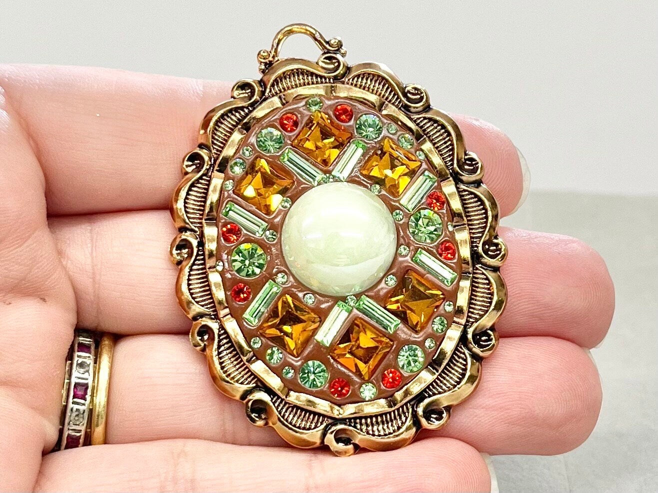 Statement Green Uranium Crystal Pendant with Vintage Uranium Swarovski Crystal Elements in a Gold Tone Setting UV Reactive Glow Brown Orange TheGreenGlassGemShop